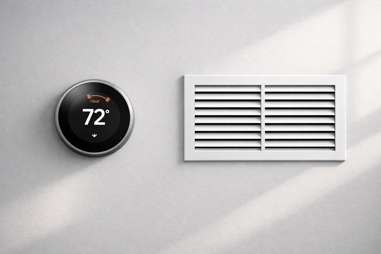 A modern smart thermostat and clean air vent highlighting Detroit property maintenance standards.