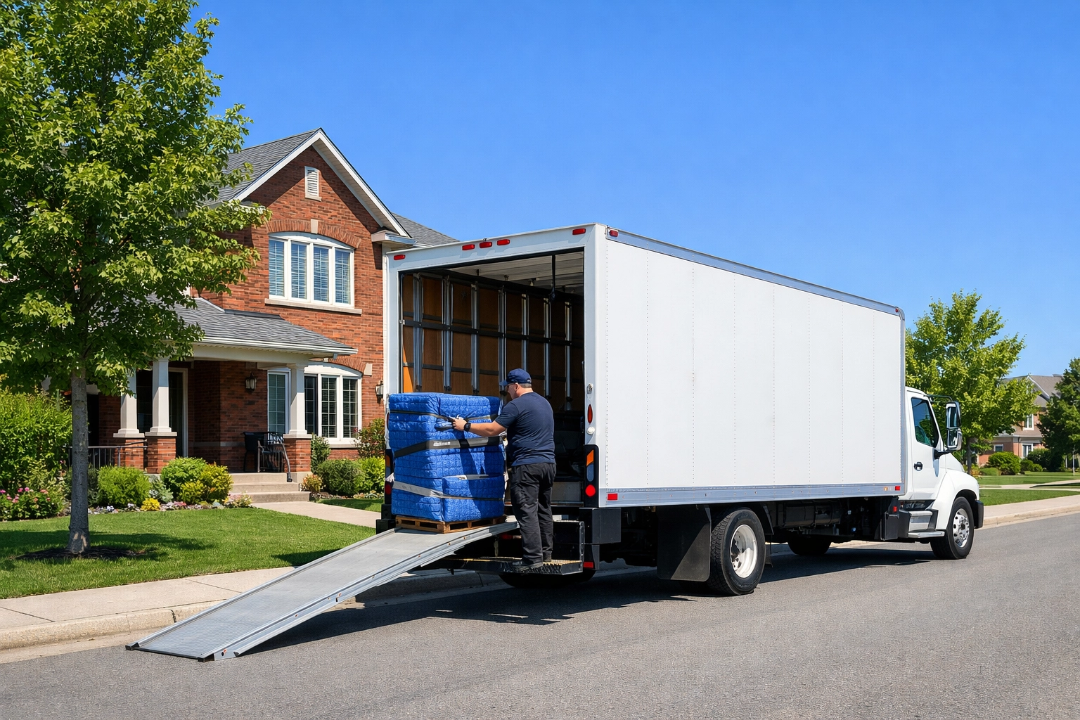 On The Move white moving truck parked in a clean Ajax suburb for a local house relocation.