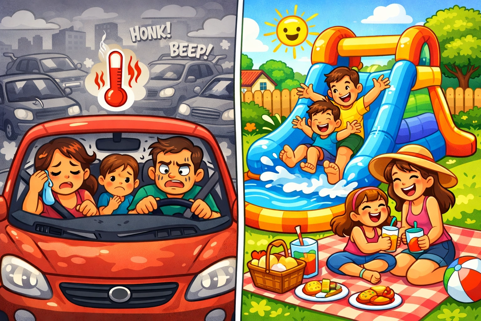 Spring break staycation vs travel comparison showing backyard water slide party benefits