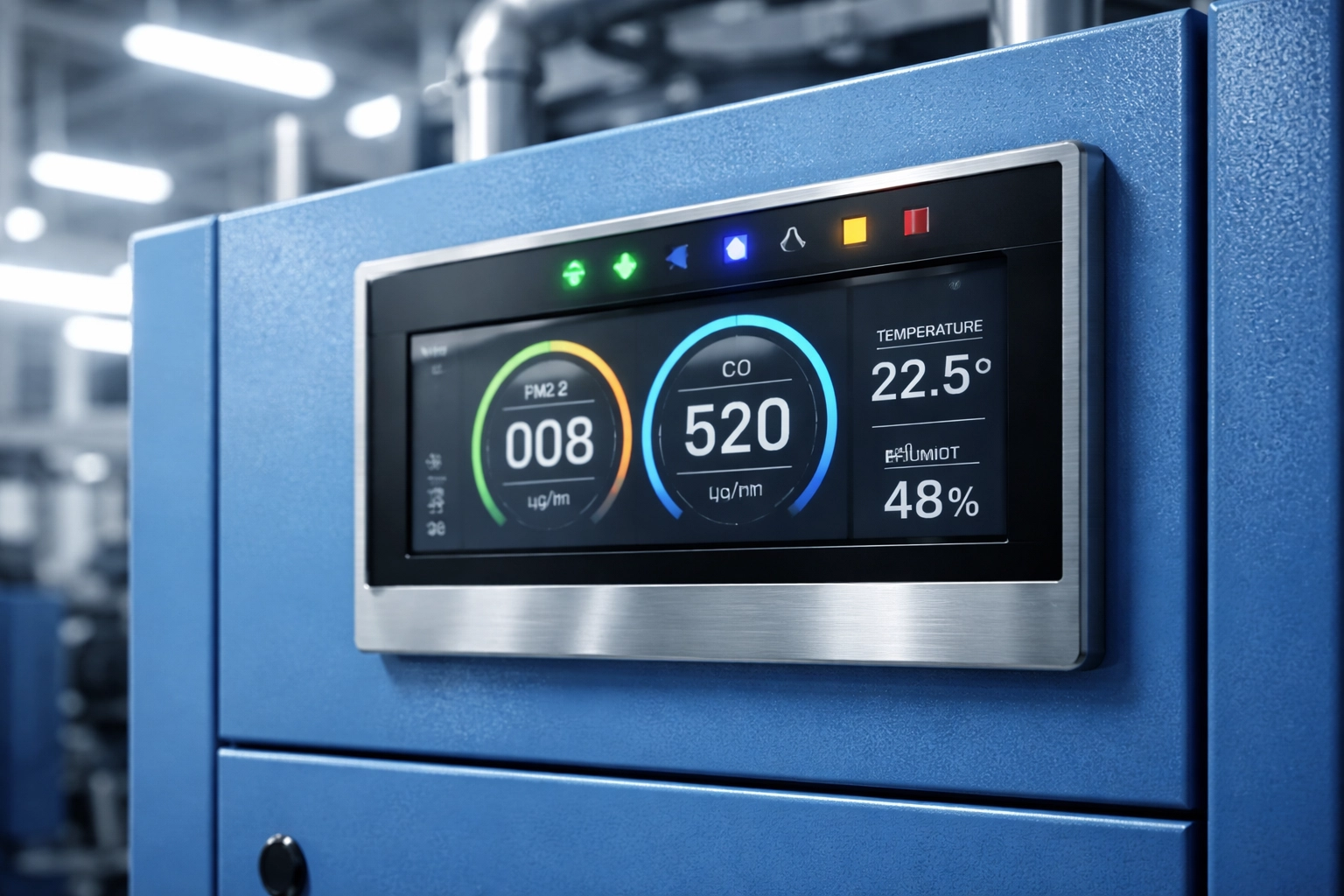 Digital air quality monitoring panel on screw air compressor system in an industrial factory for ISO 8573-1 compliance