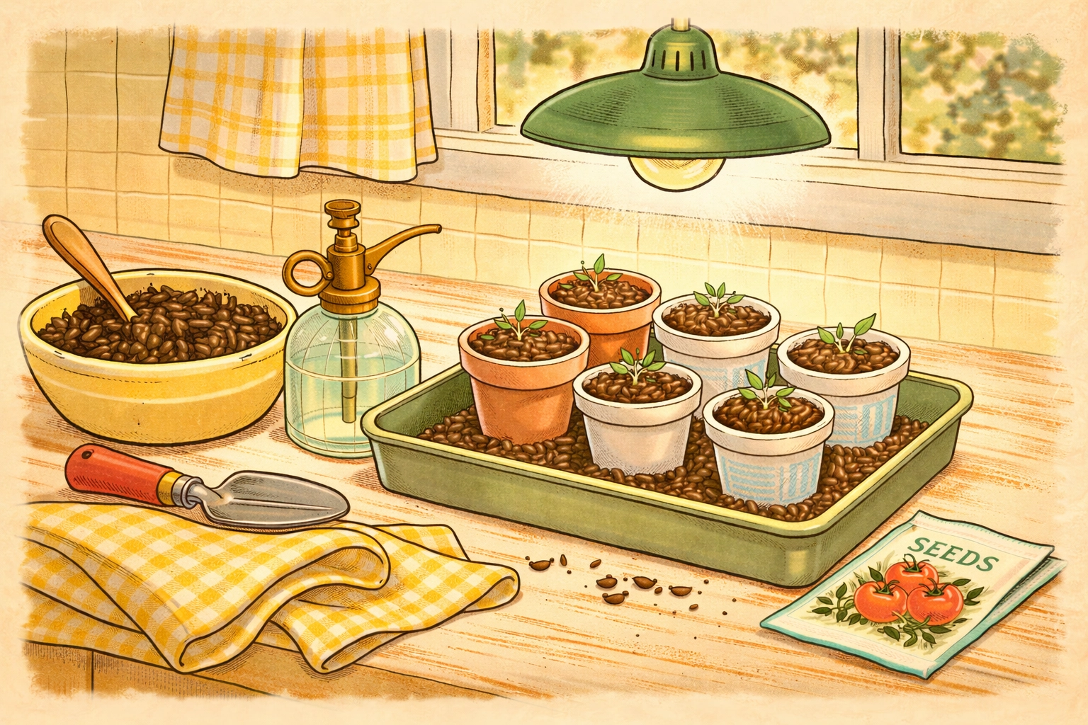 Sunny kitchen counter with terracotta pots and yogurt cups, demonstrating a simple seed starting setup.
