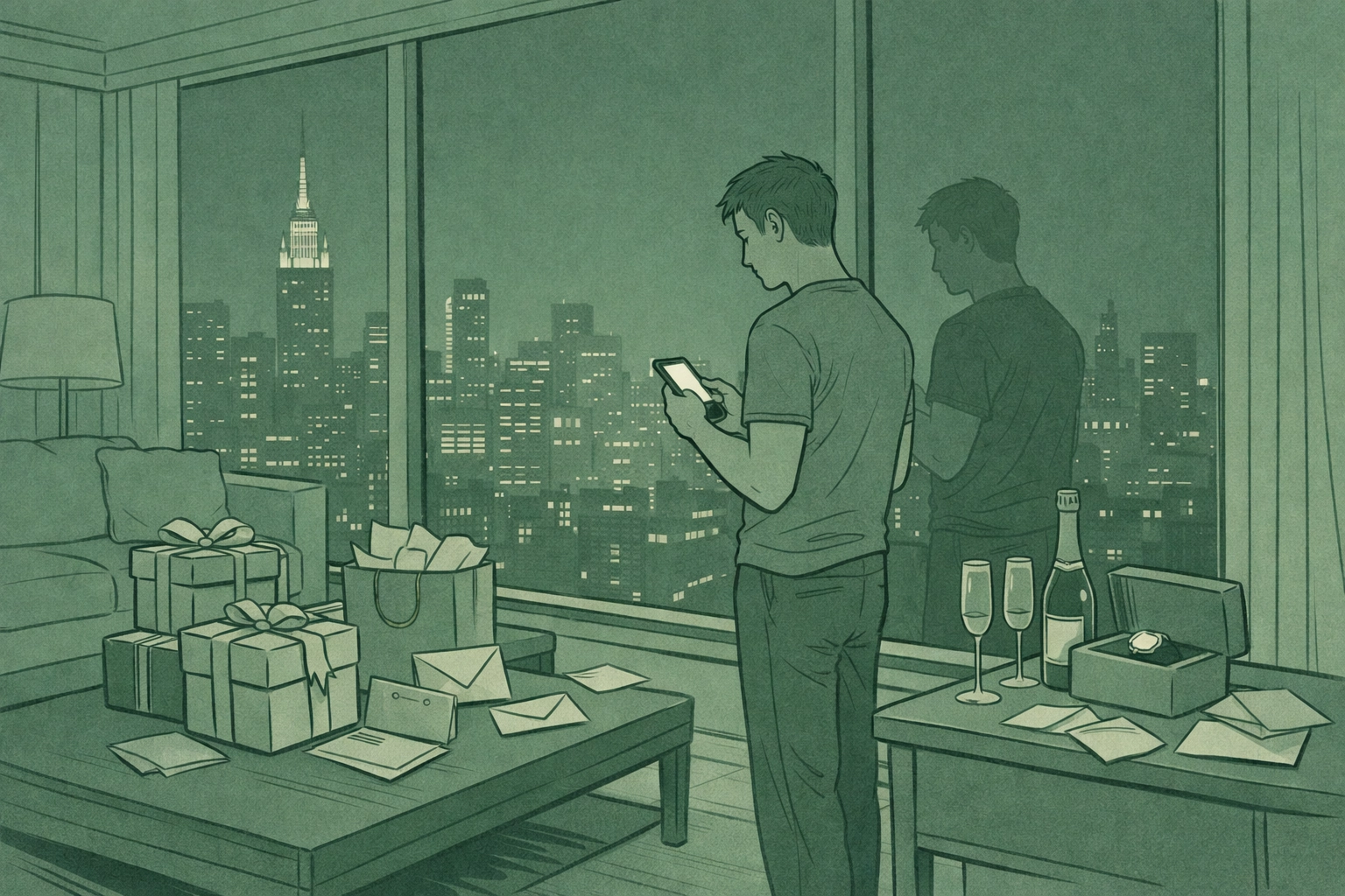 Isolated gay man alone in luxury penthouse surrounded by gifts but emotionally empty