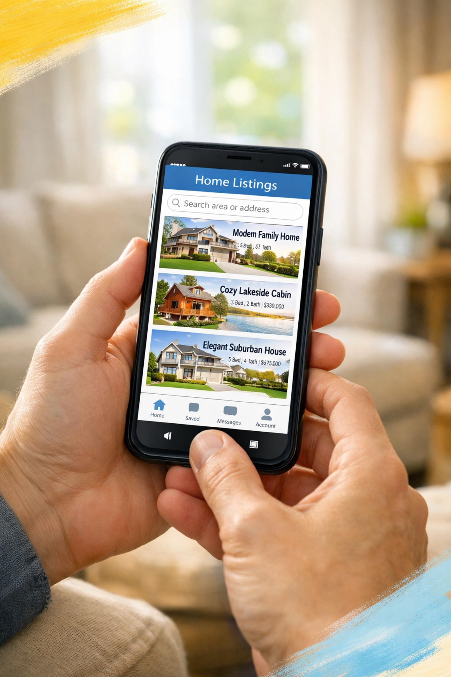 Homebuyer carefully reviewing property listings on smartphone during home search process Homebuyer carefully reviewing property listings on smartphone during home search process