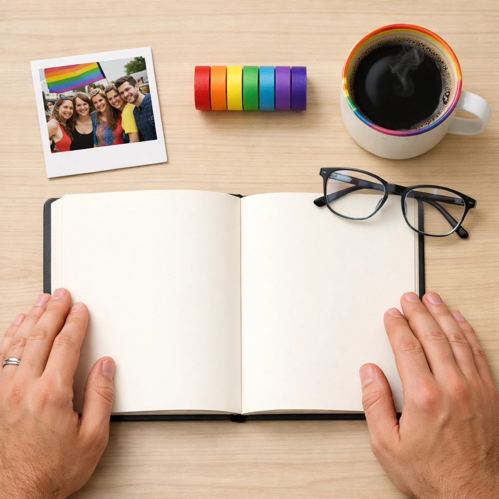 A queer journaling kit on a wooden desk with a pride polaroid and rainbow-themed stationery for LGBTQ+ readers.
