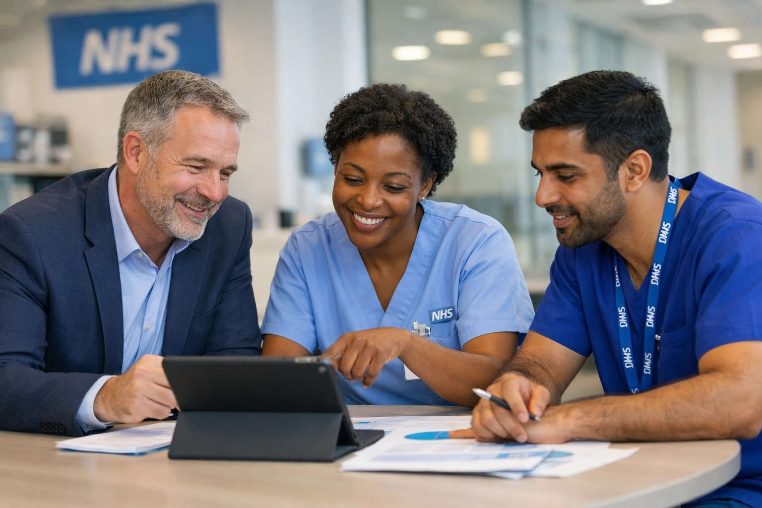 NHS healthcare leaders and clinical staff discussing respiratory service design and COPD referral pathways in an office.