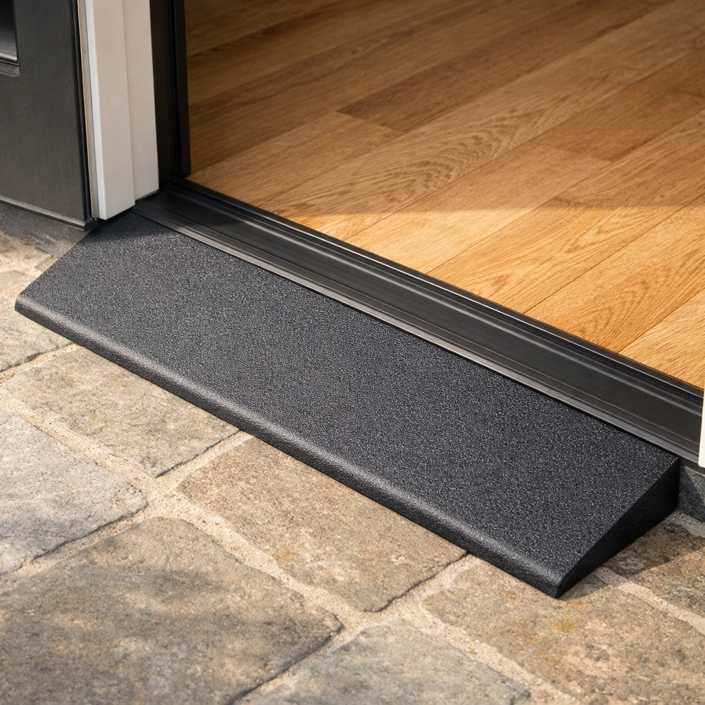 A charcoal rubber threshold ramp provides a smooth, trip-free transition between a stone porch and hardwood floor.
