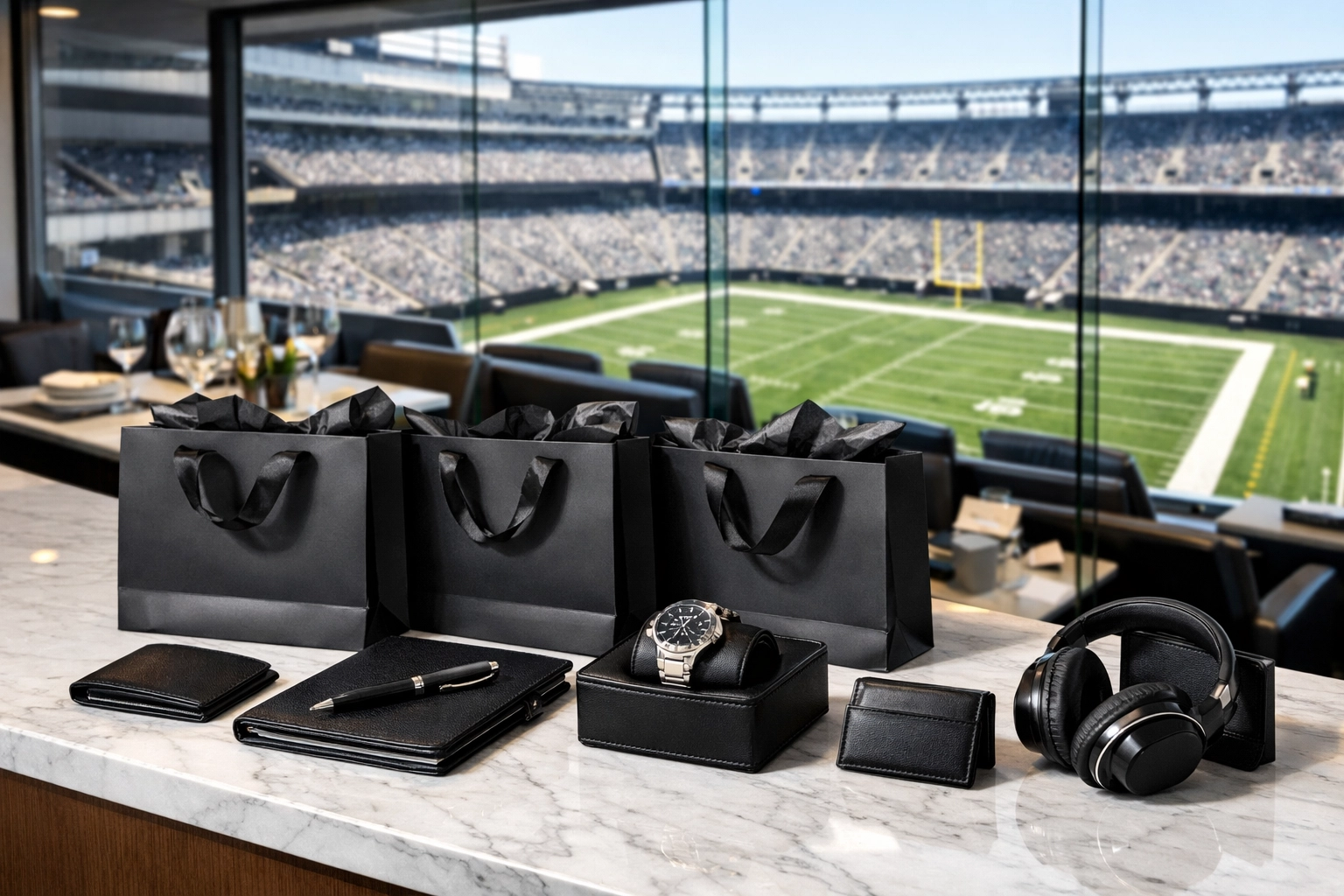 Interior view of a luxury stadium suite with VIP gift bags and a view of the football field.