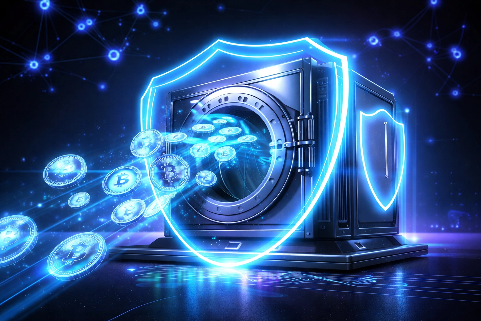 Digital crypto vault illustrating self-custody with blue coins and blockchain security for Larecoin merchant accounts