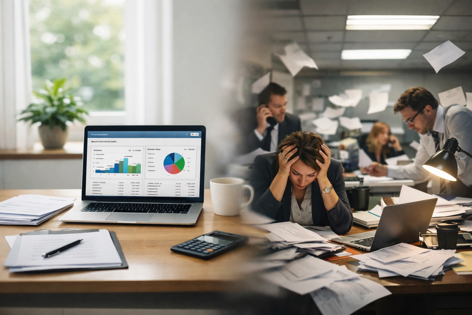 Organized remote office vs chaotic traditional office comparing accounting workflow efficiency