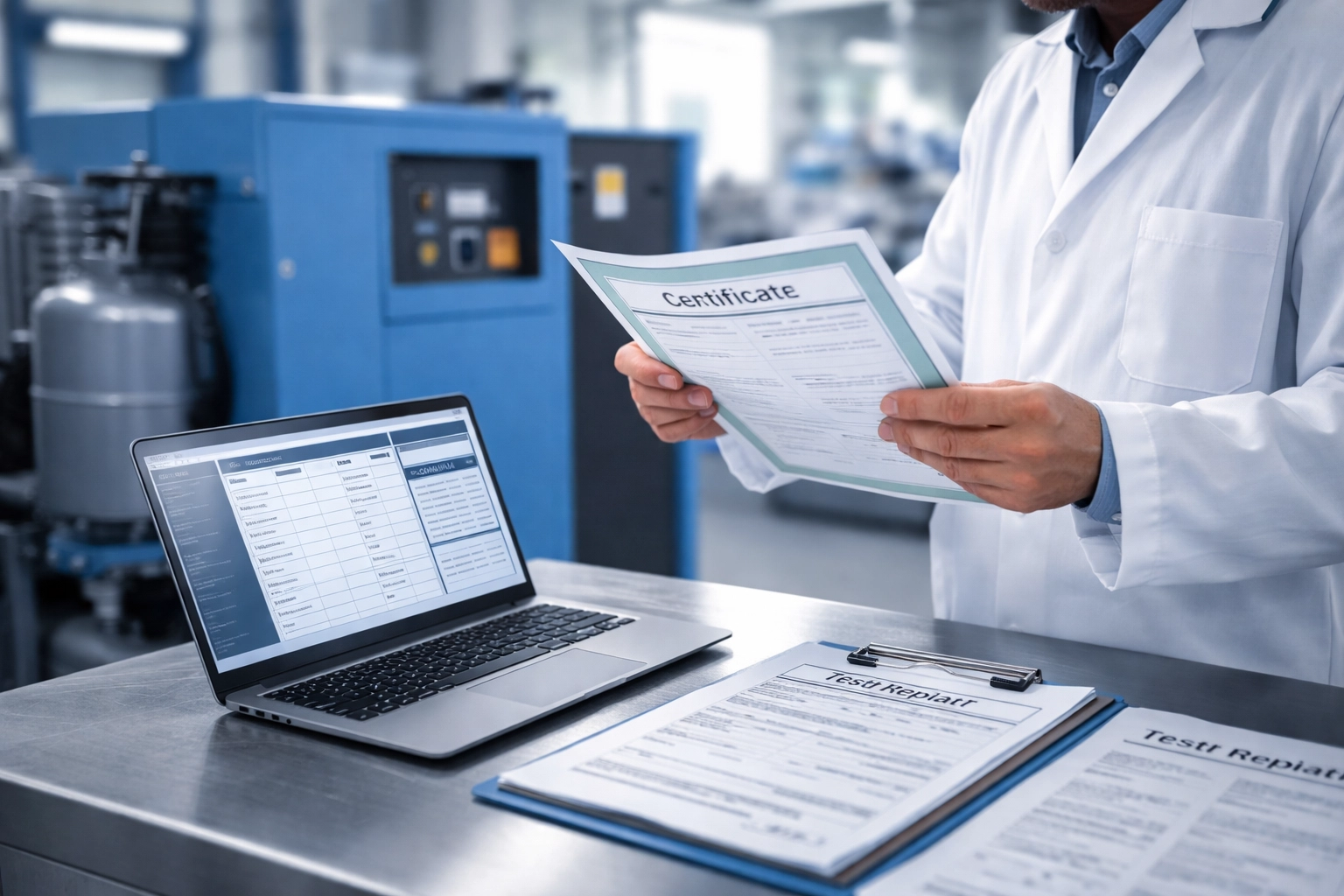 Inspector reviews certification documents and verifies a screw-type air compressor in a modern manufacturing facility.