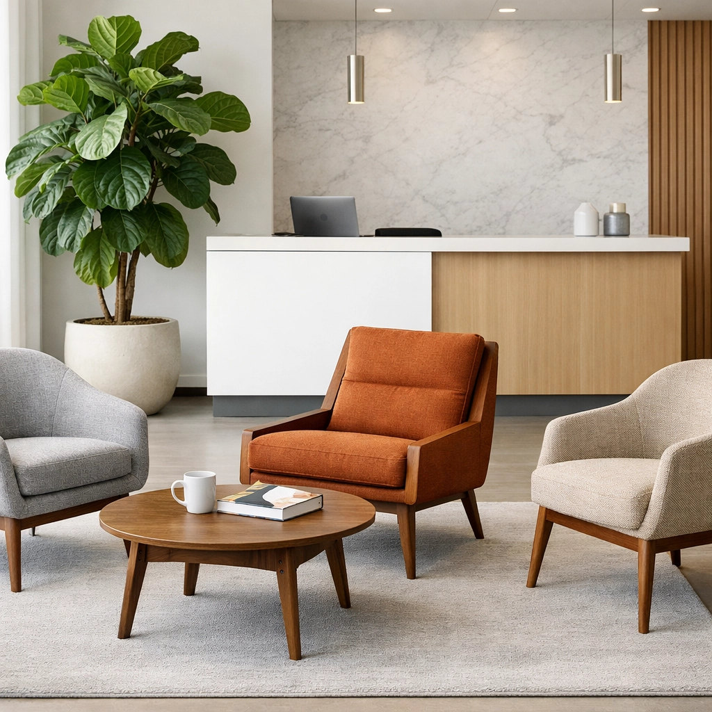 Clean office reception and lounge area in the Midwest ready for professional business operations.