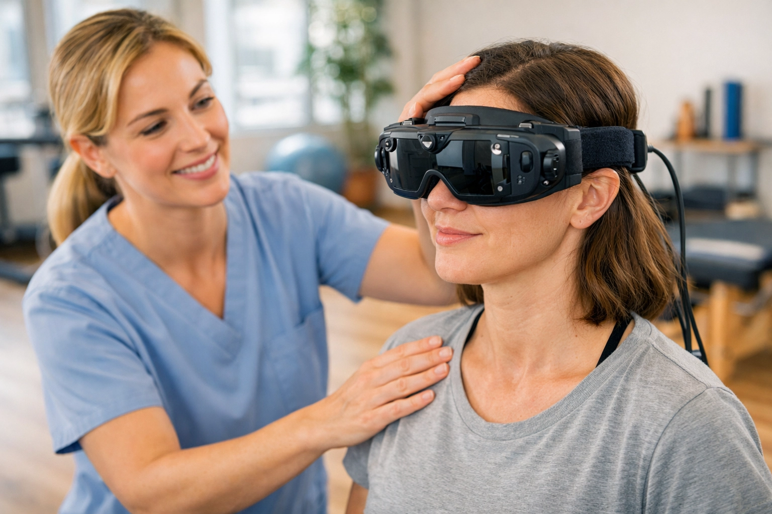 A therapist guides a patient through vestibular therapy and balance exercises in a professional physical therapy clinic.