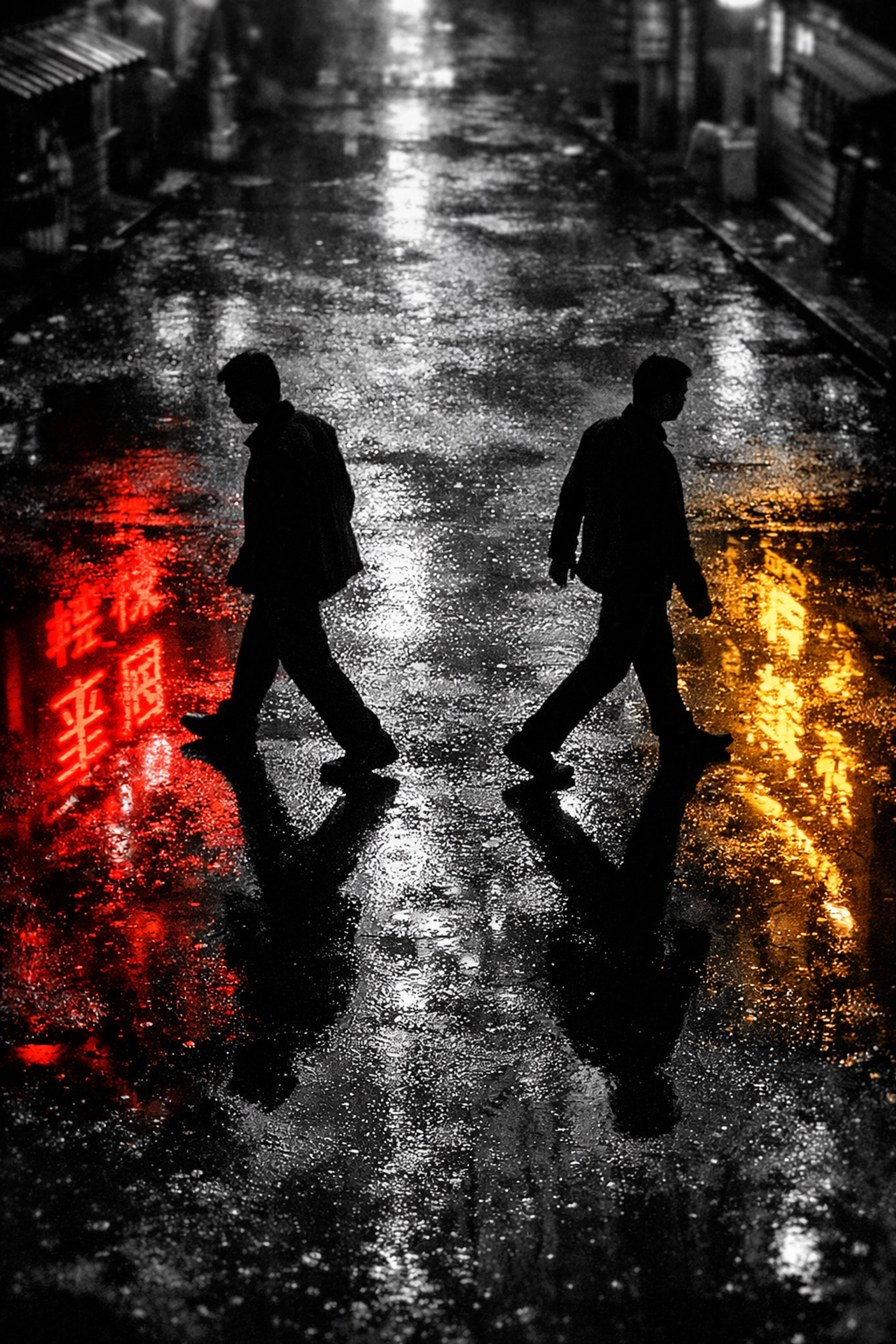 Shadows of two men walking apart on rainy street - tragic ending of forbidden gay love story