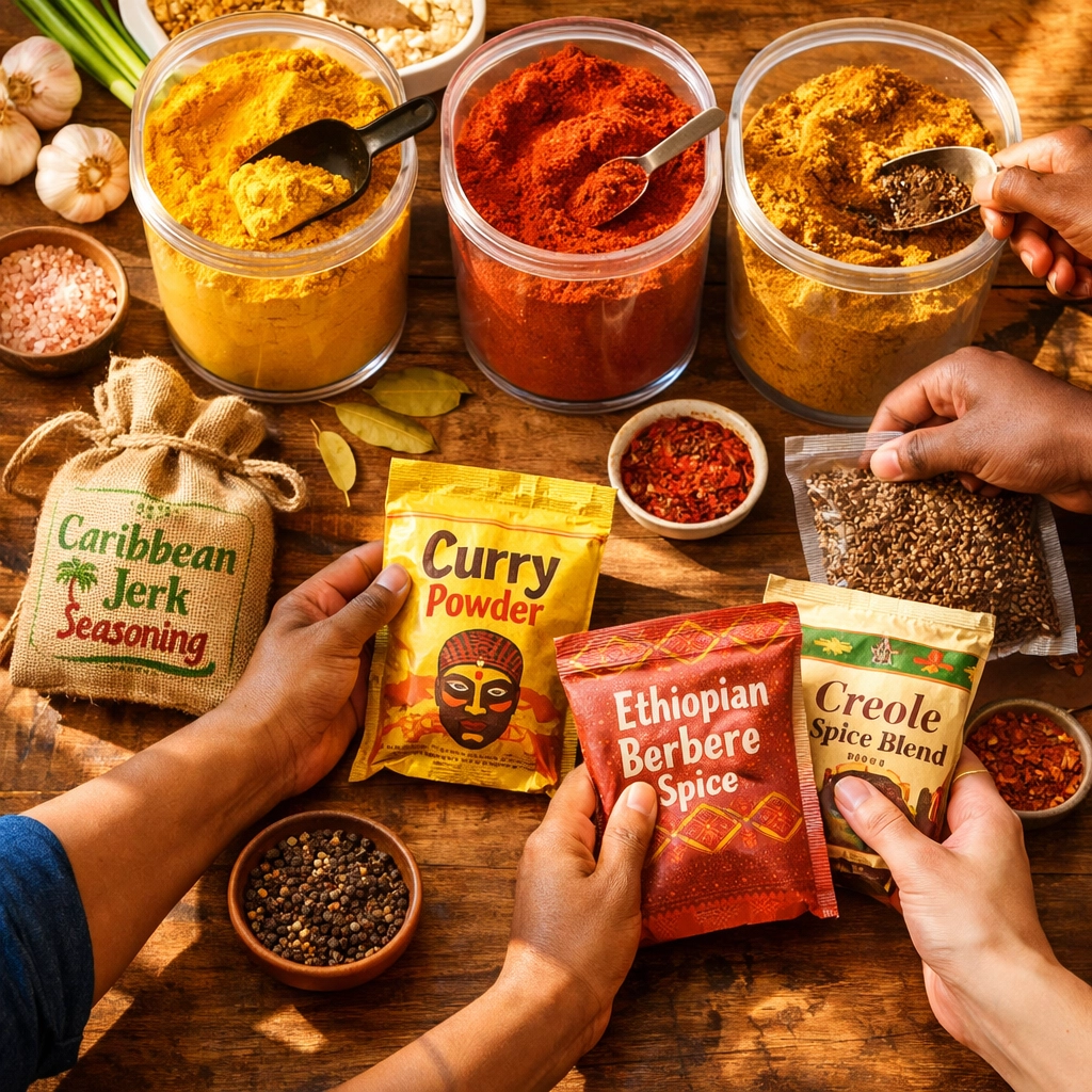 Bulk spices and containers on kitchen counter for budget-friendly Caribbean and African cooking