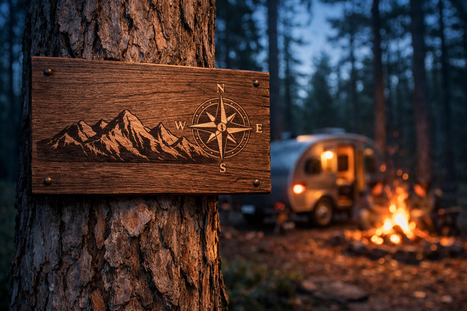 Personalized wood sign with mountain laser engraving mounted on a tree near a campsite and vintage camper.