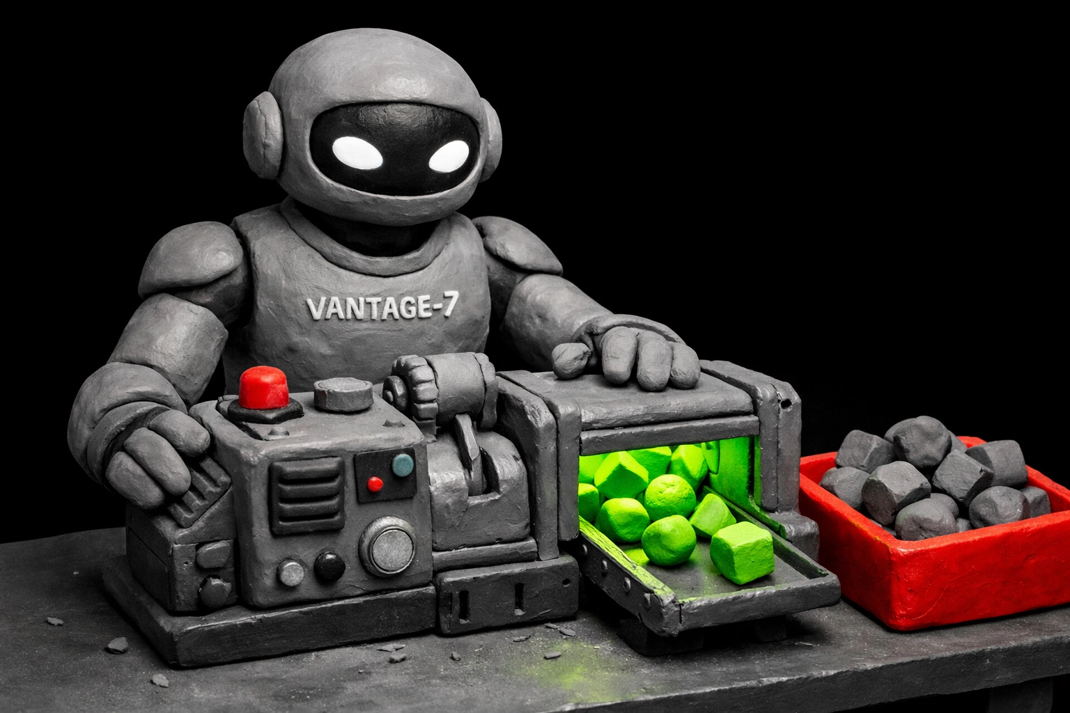 Clay robot sorting skill blocks into a green success scanner to optimize a LinkedIn profile for recruiters.