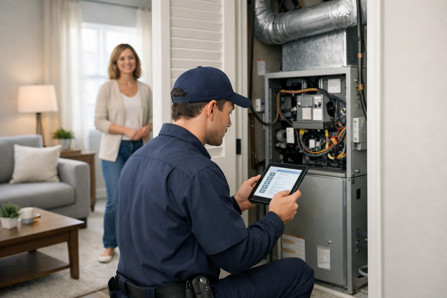 HVAC technician performing preventive maintenance inspection in occupied apartment