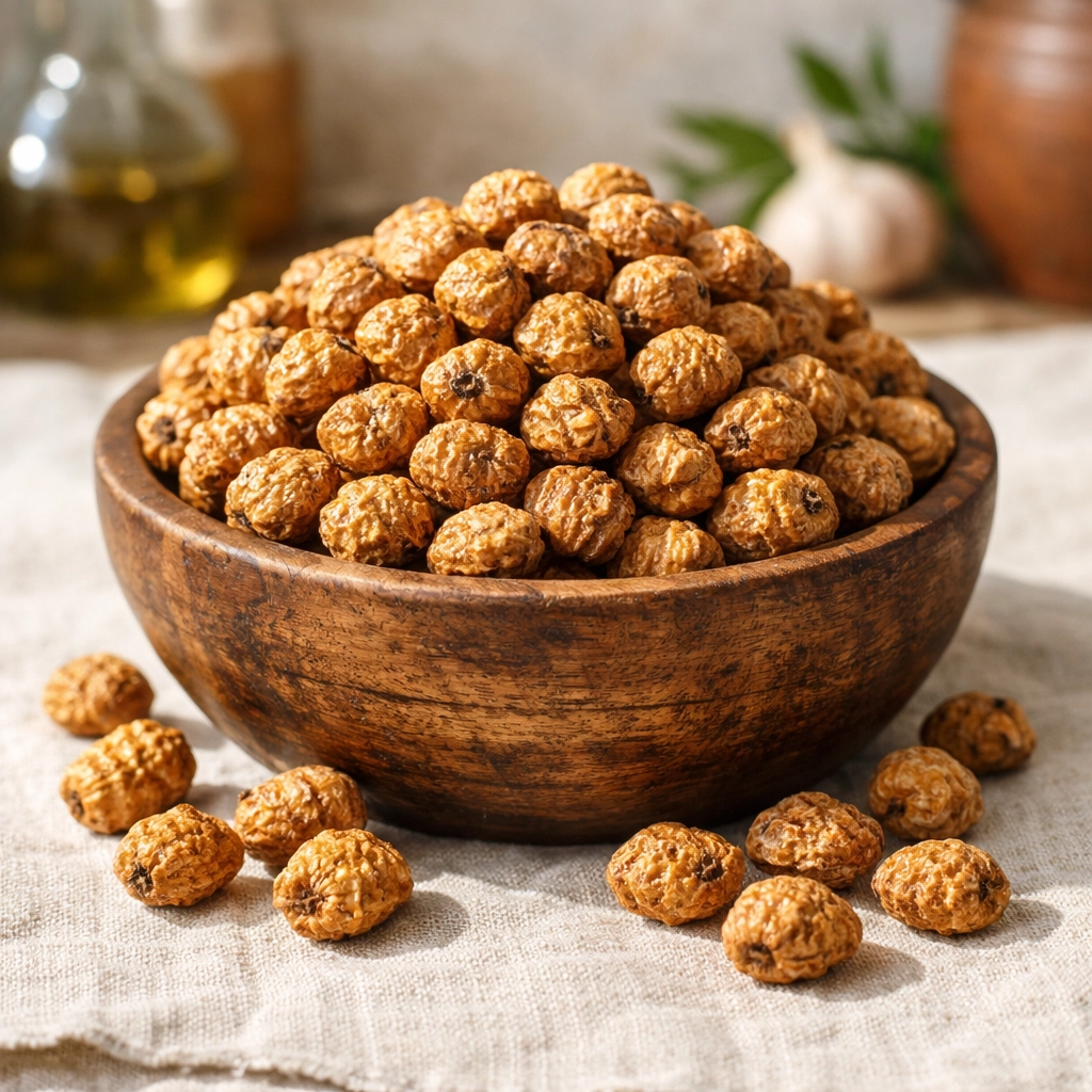 وعاء خشبي مملوء بحب العزيز الطبيعي (لوز الأرض) الغني بالفيتامينات لتعزيز الطاقة.