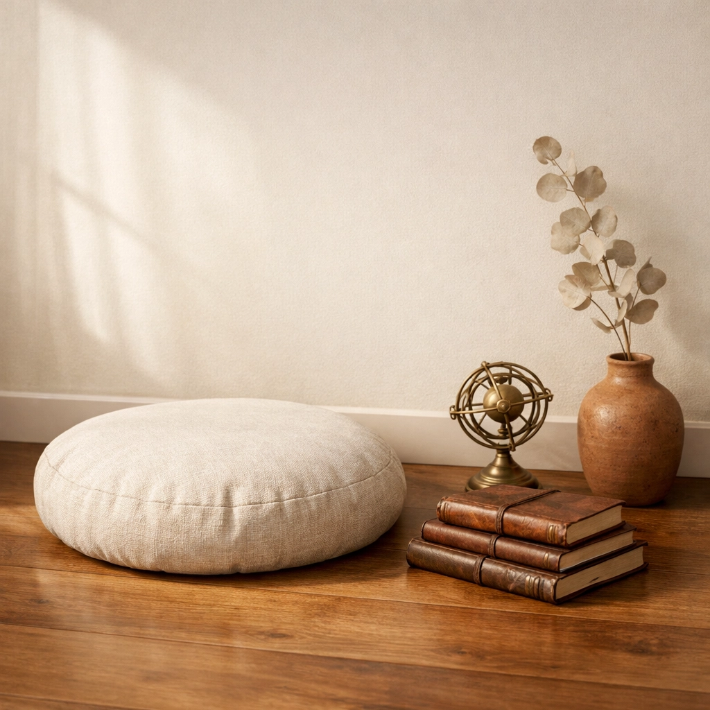 Serene meditation space with journals, helping readers start their personal transformation journey.