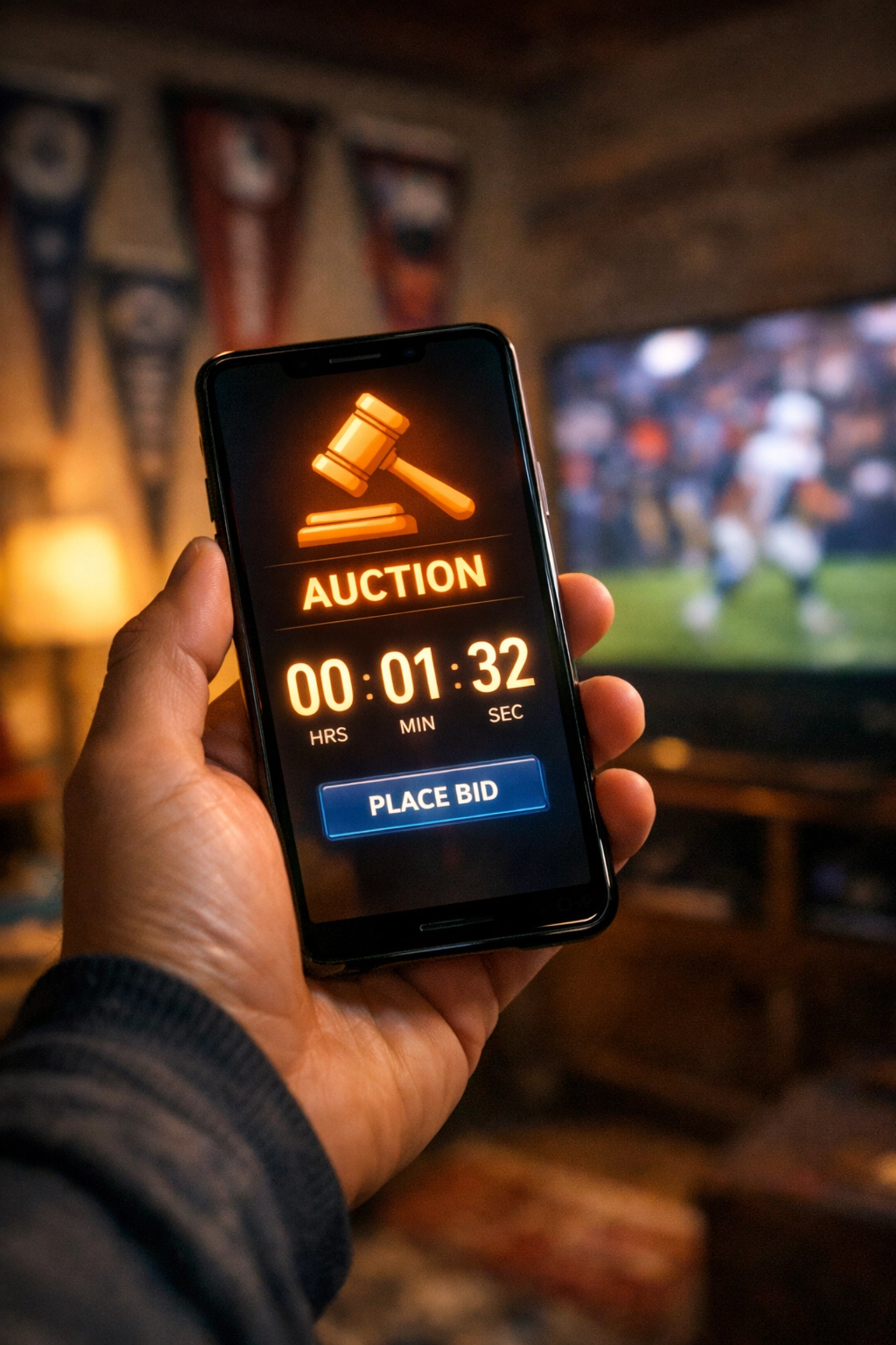 Online sports memorabilia auction bidding on a smartphone during the final countdown.