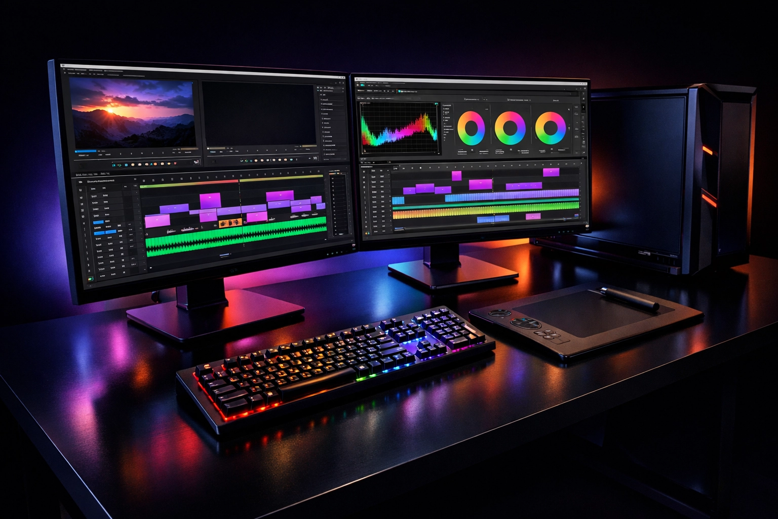 Professional video editing workstation with dual monitors showing timeline and color grading - Simon Leung