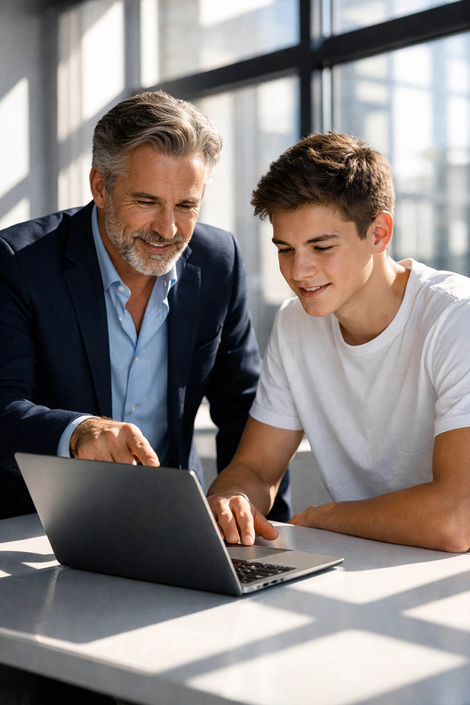 A business mentor and high school student collaborating on a laptop in a modern office.