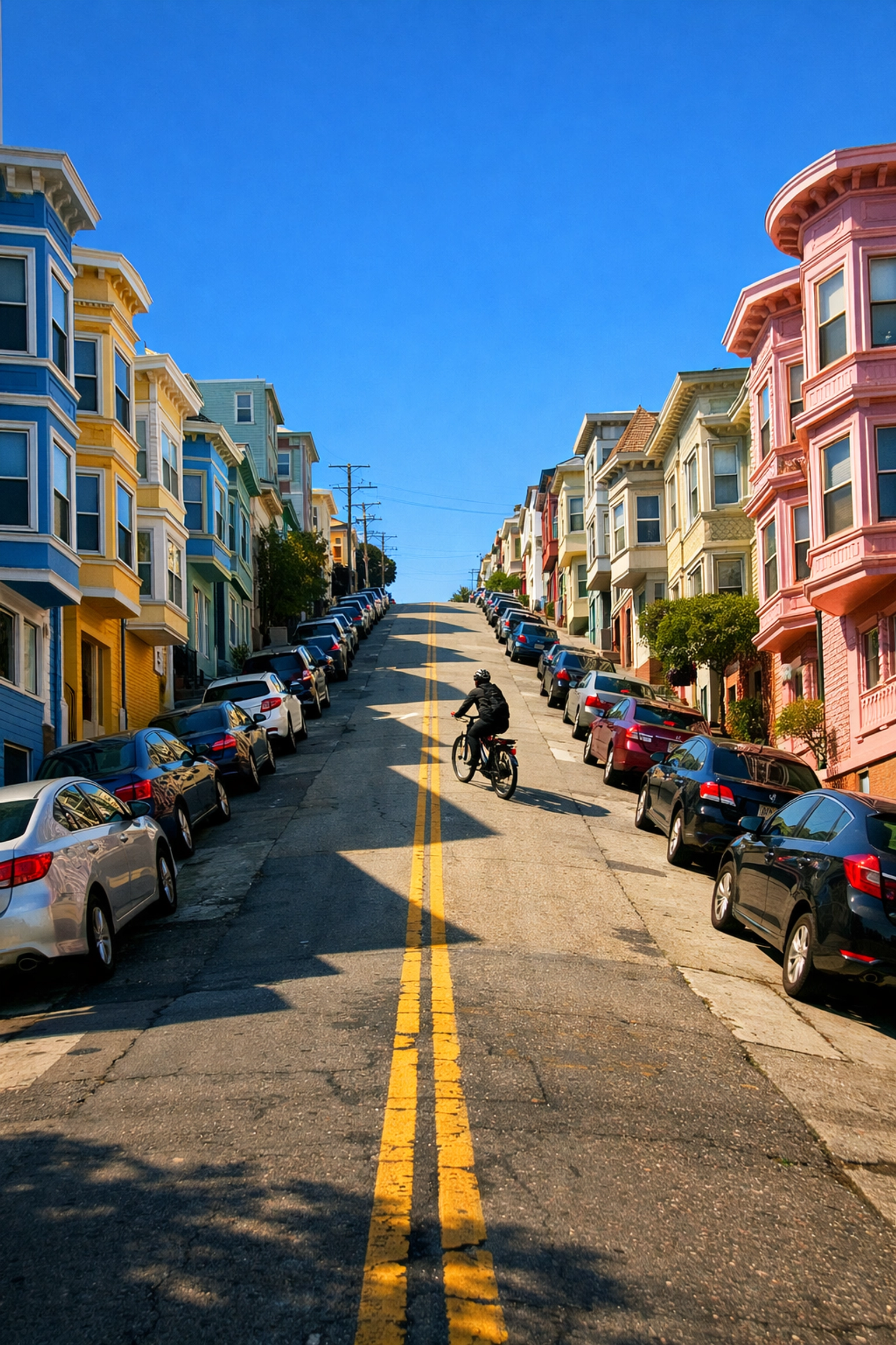 Cyclist riding electric bike up steep san francisco hill with colorful victorian houses