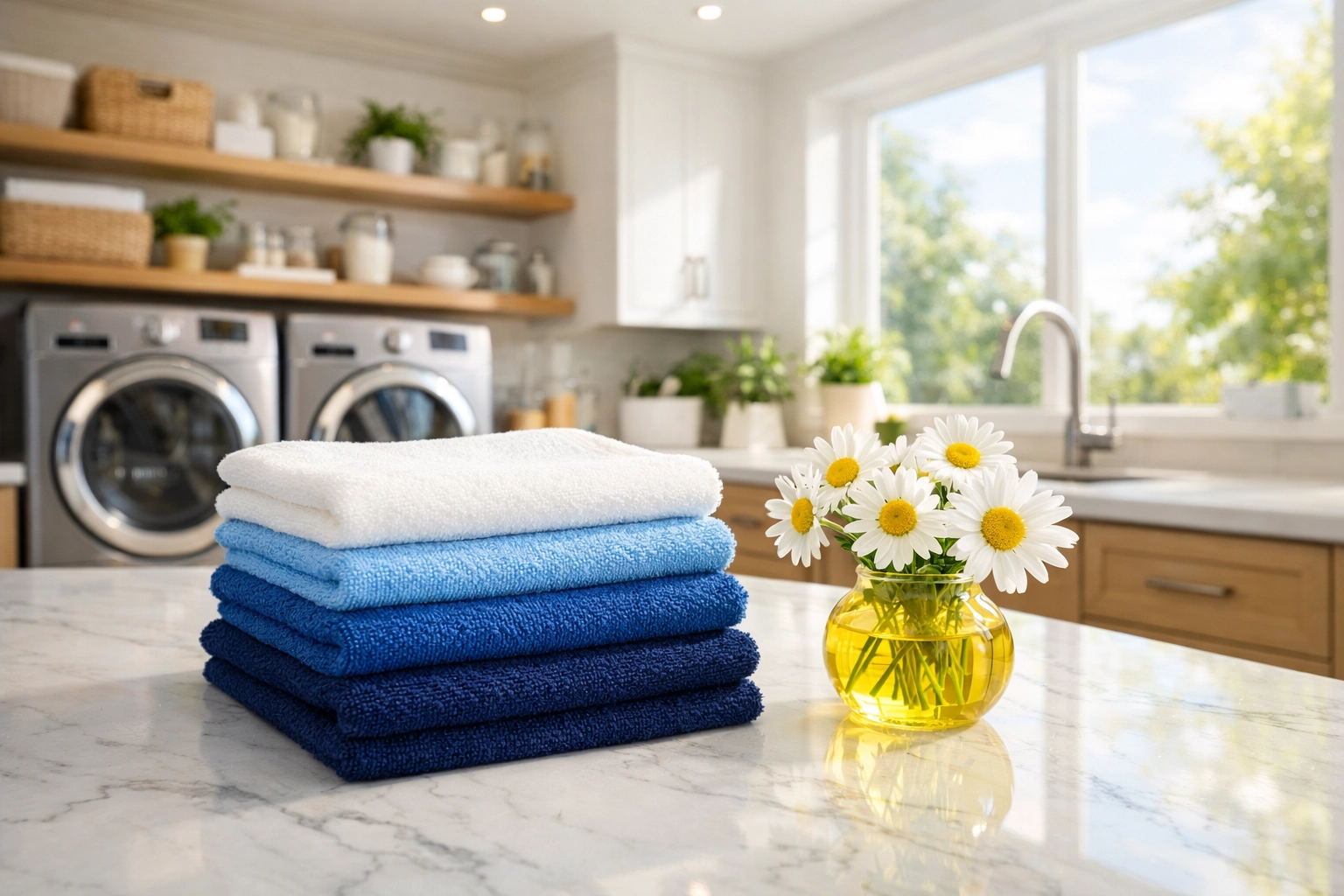 Eco-friendly reusable microfiber cloths stacked in a modern laundry room.