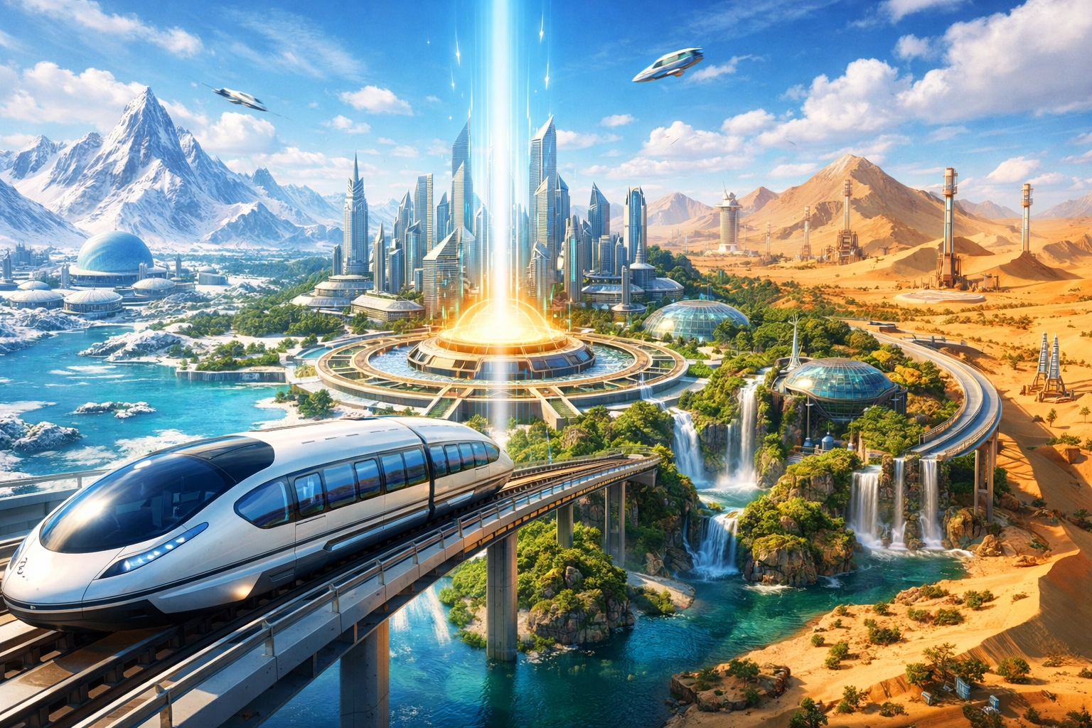 A diverse futuristic city with various ecological zones and a monorail, representing a unified community.