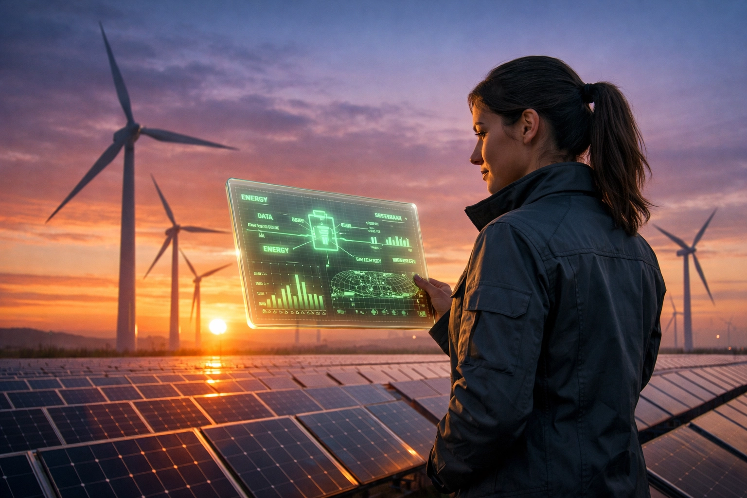 A green tech professional analyzing renewable energy data at a solar farm with wind turbines.