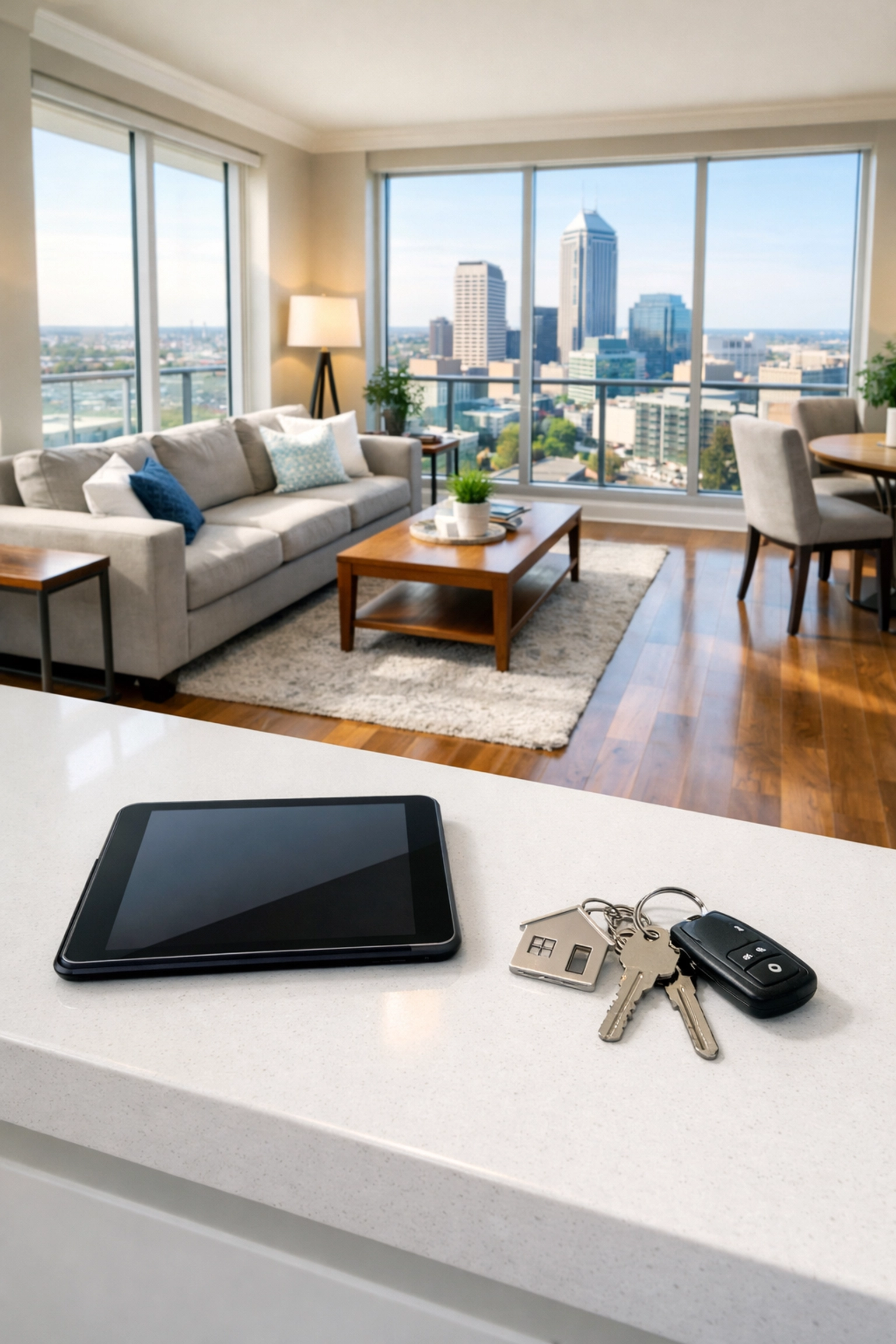 Organized pre-vacancy inspection in a modern Indianapolis apartment with keys and tablet.