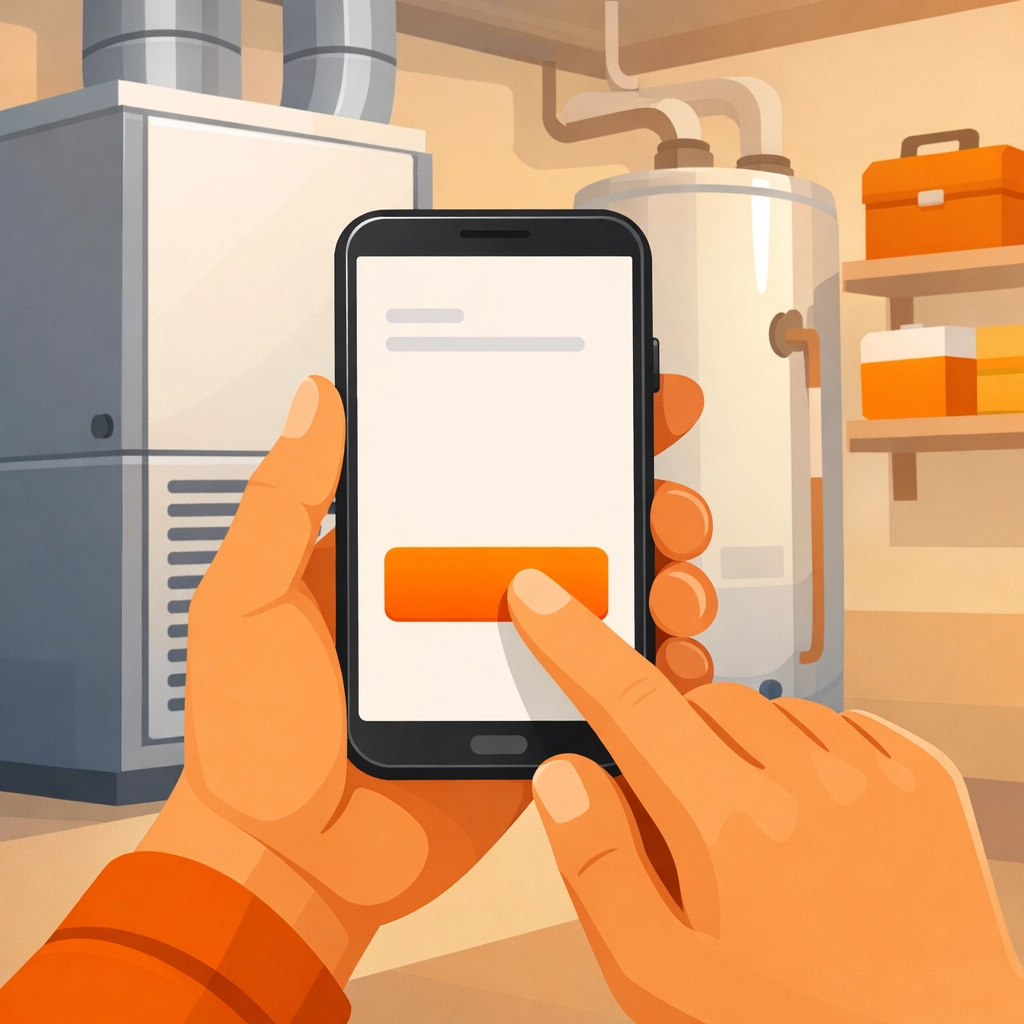 A technician using a mobile-first contractor app to log photos of a professional HVAC installation.