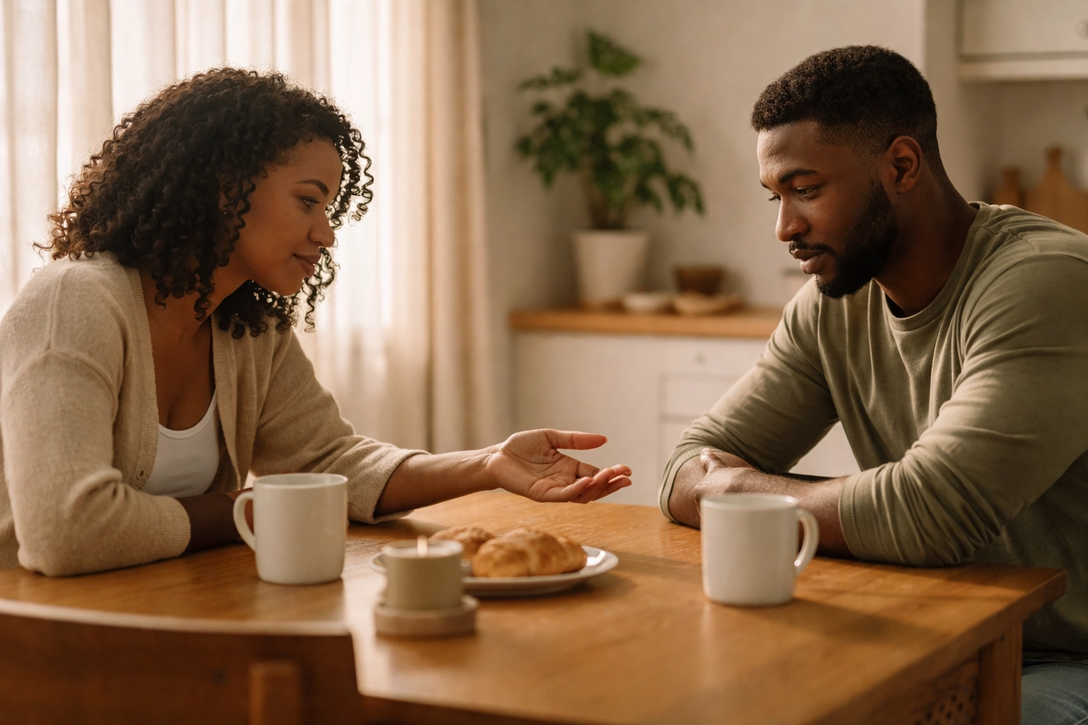 Black couple at kitchen table, reaching out to each other, portraying healing, empathy, and vulnerability in relationships