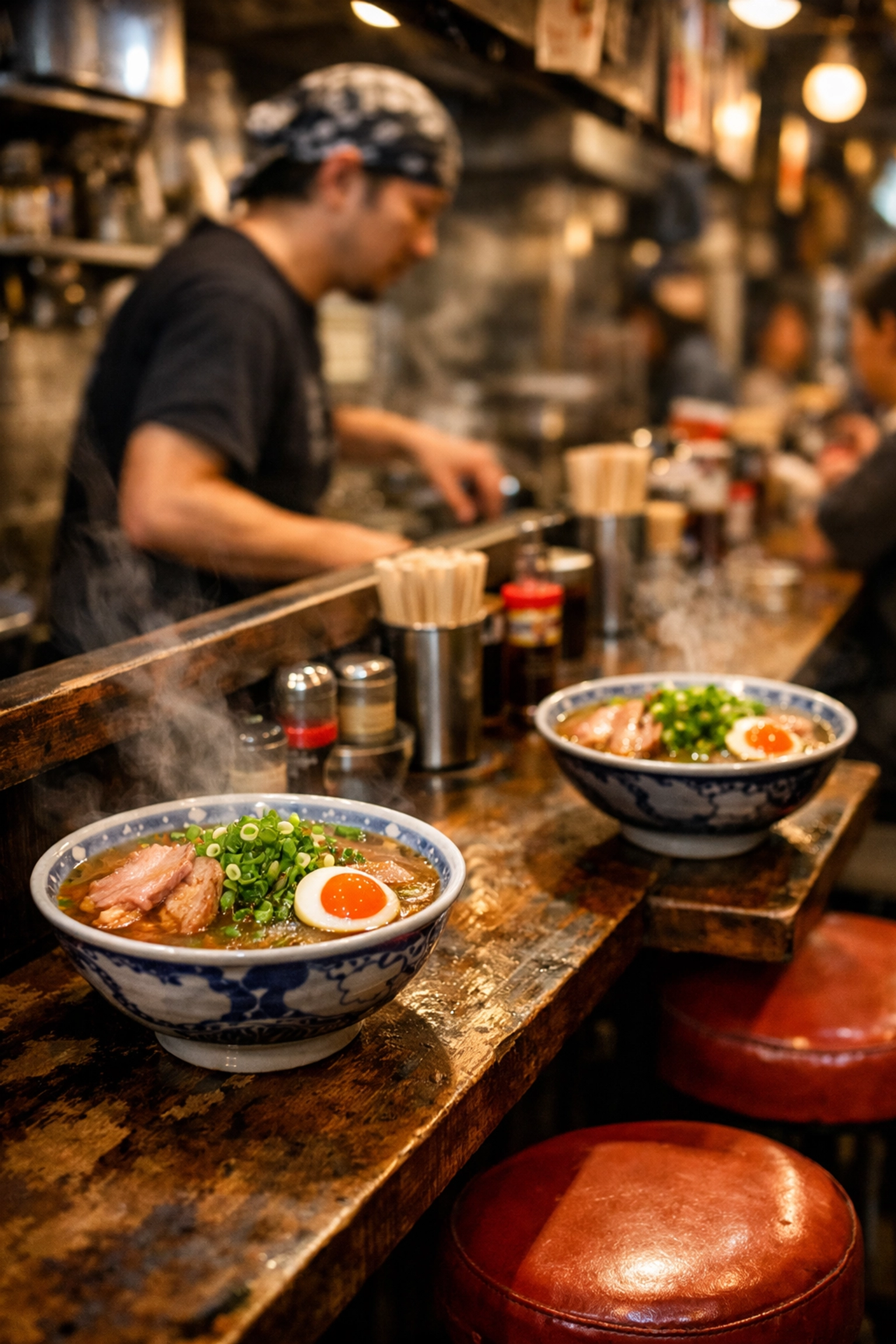 Two steaming bowls of authentic Japanese ramen at a busy Shinjuku counter in Tokyo.