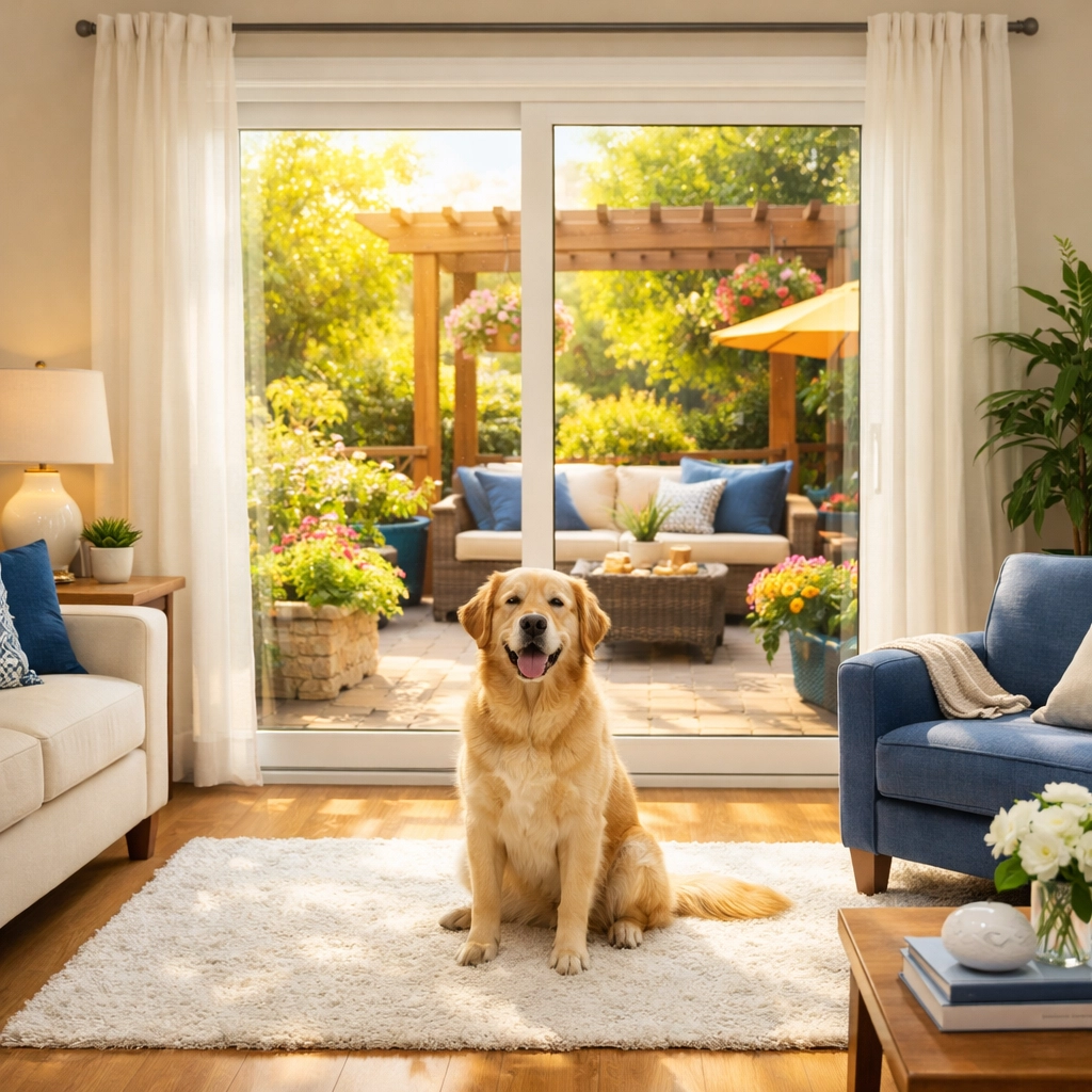 Spotless glass door in a pet-friendly home cleaned with non-toxic, green cleaning methods.