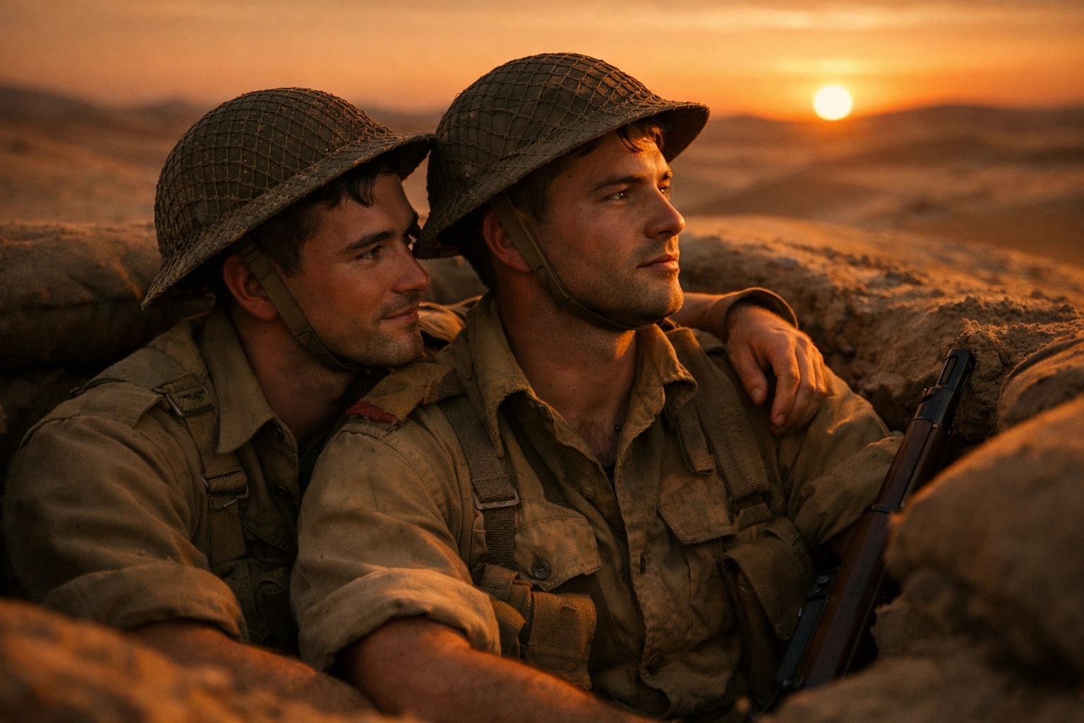 British soldiers share intimate moment in North African desert foxhole during WWII
