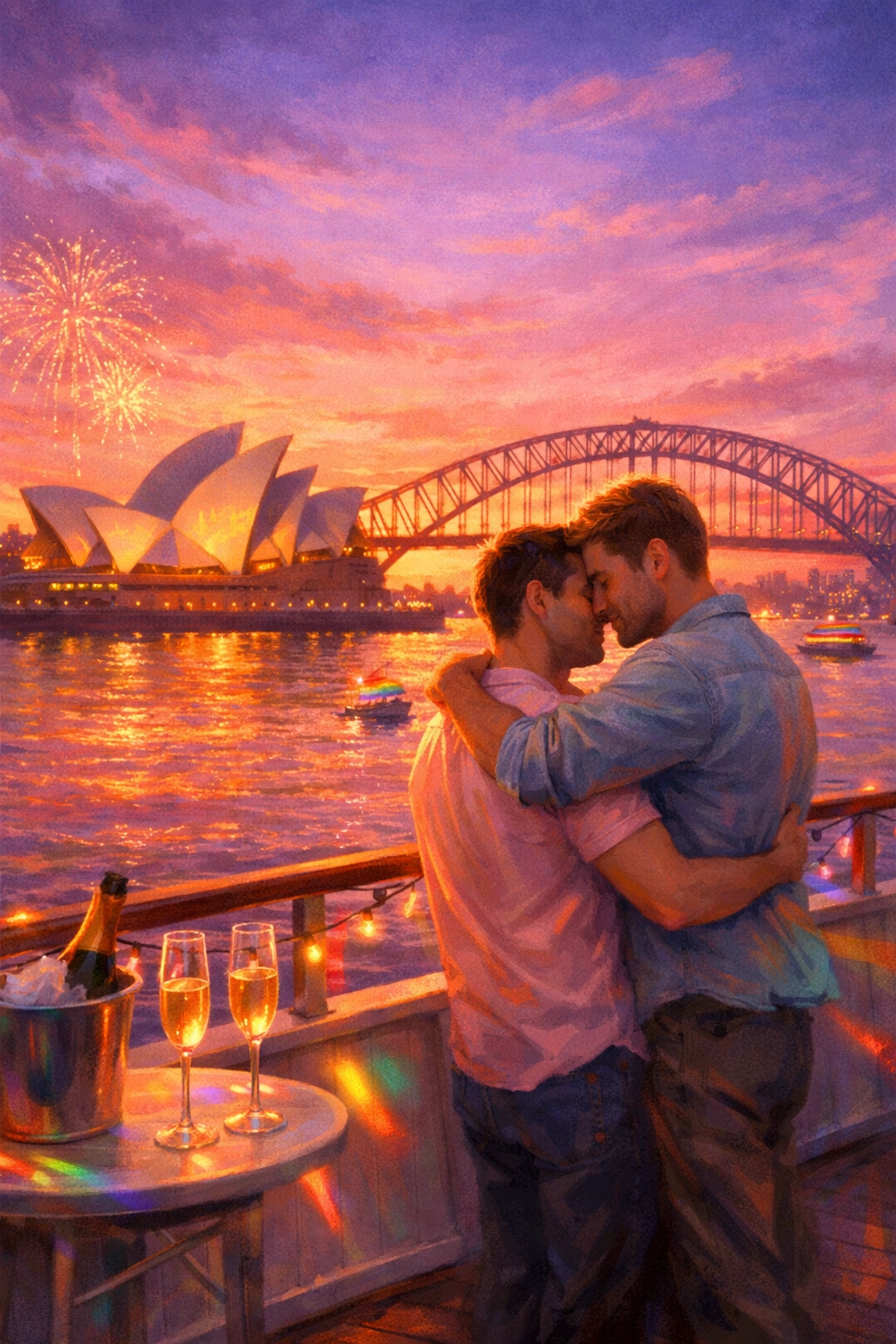 Two men embracing on Sydney Harbour cruise at sunset with Opera House during Valentine's and Mardi Gras