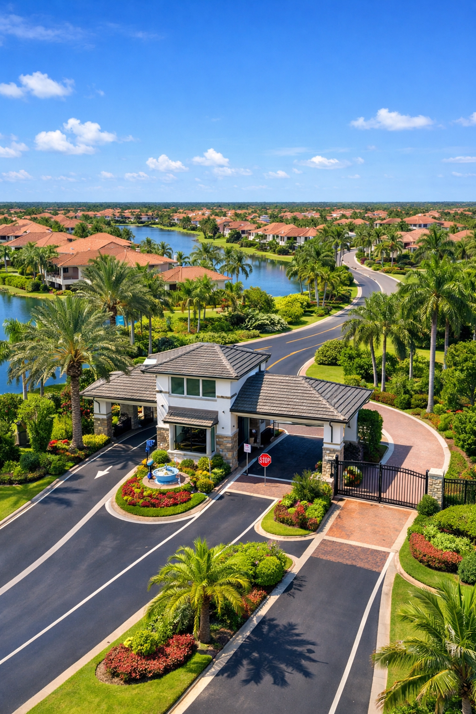 Gated community entrance in Cape Coral Florida with palm trees and homes