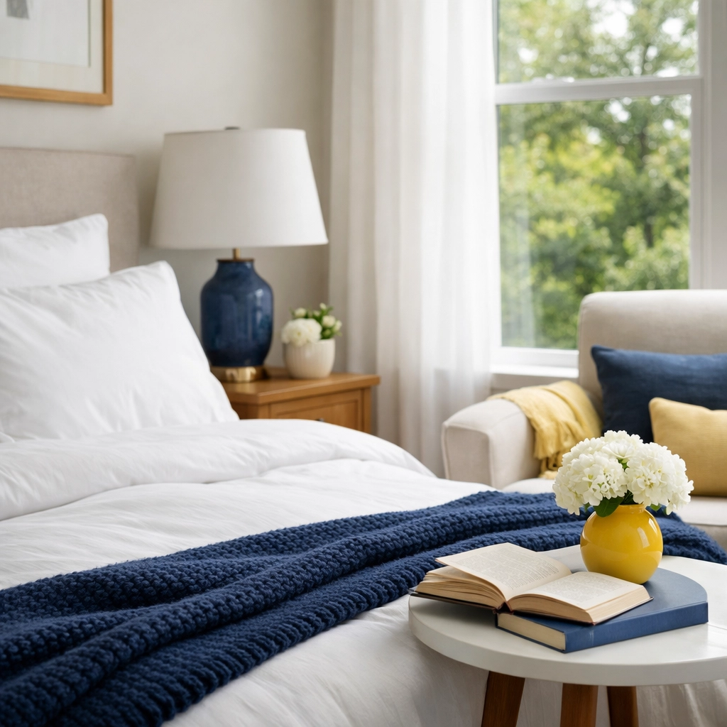 A clean, serene master bedroom in Medfield showcasing the results of a professional weekly cleaning service.