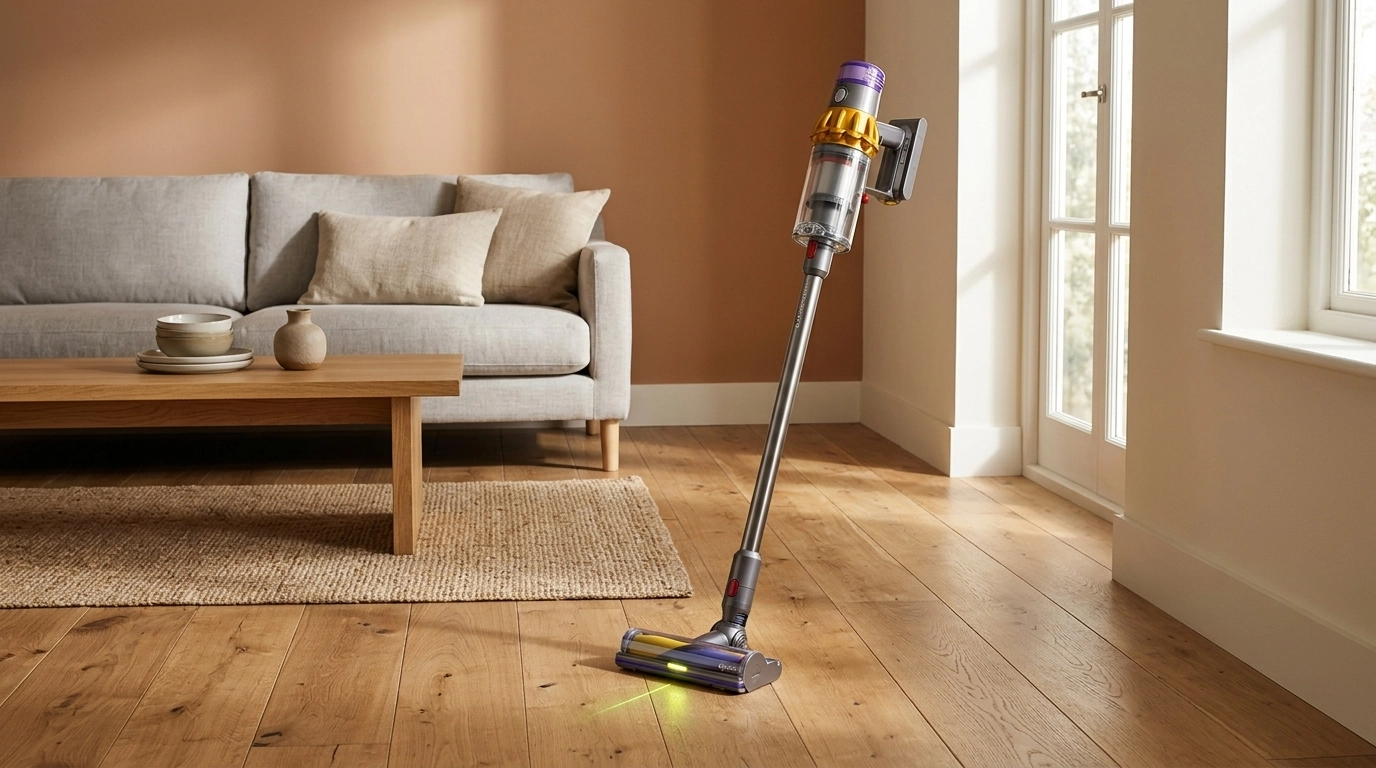 Dyson V12 Detect Slim in a modern, warm-toned living room