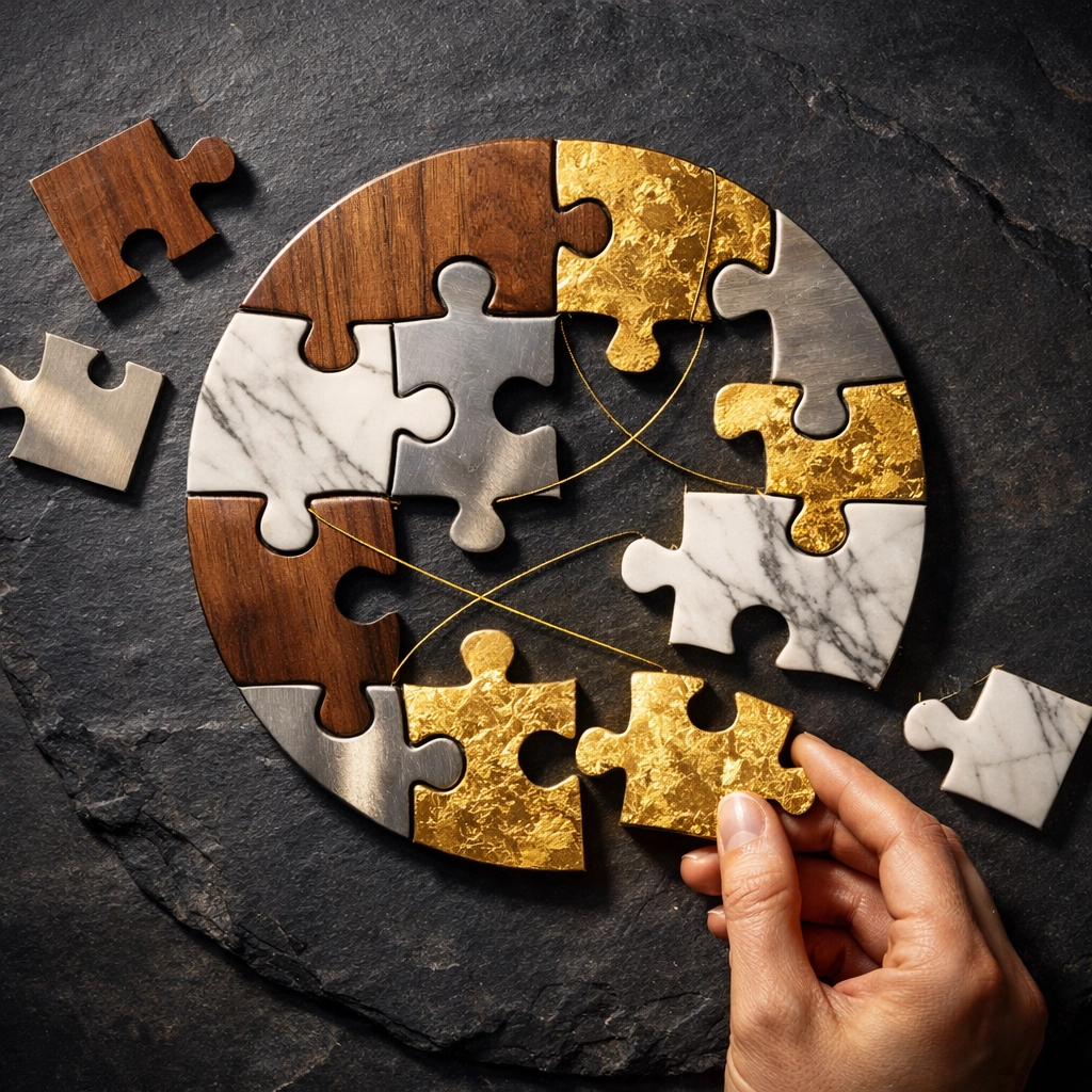 Puzzle pieces of different materials representing diversified asset allocation in portfolio construction