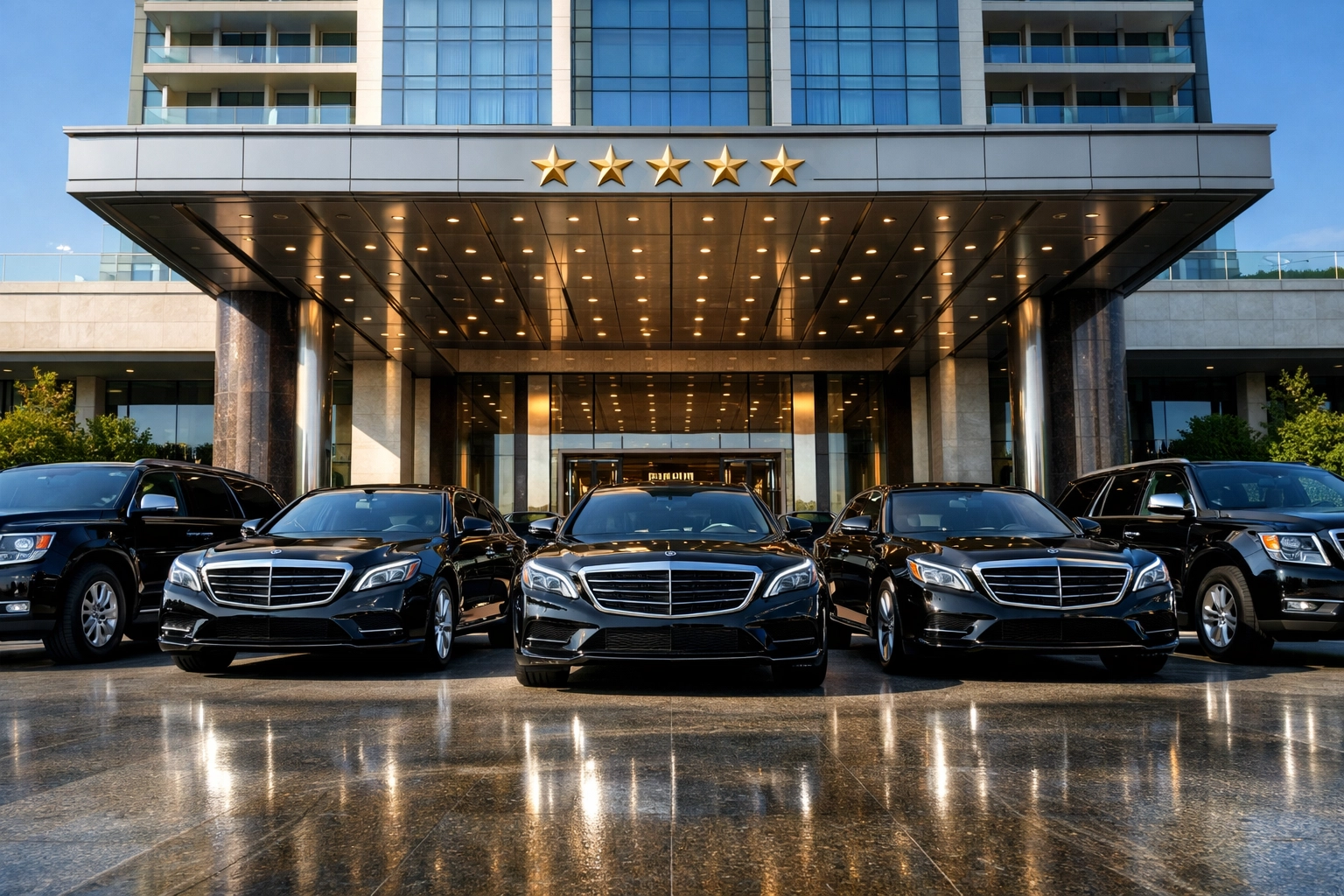 A coordinated fleet of luxury executive vehicles prepared for high-end Super Bowl corporate hospitality logistics.