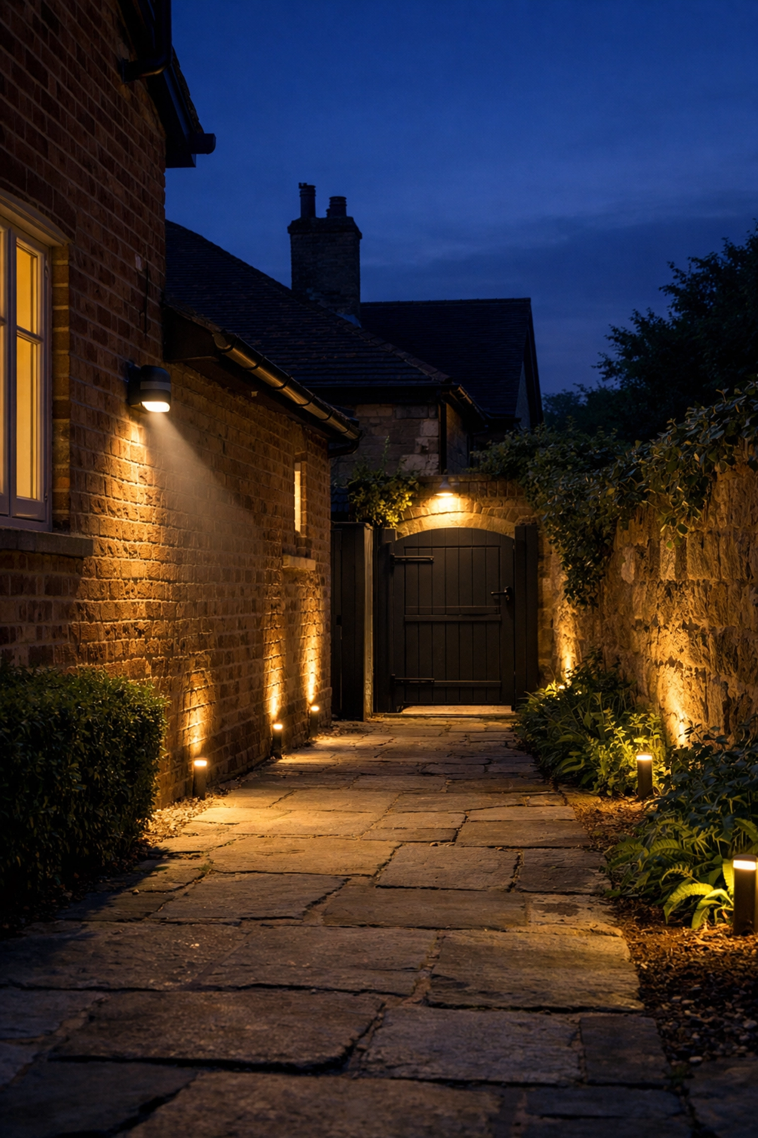 Effective outdoor security lighting illuminating a side pathway to eliminate dark hiding spots at night.