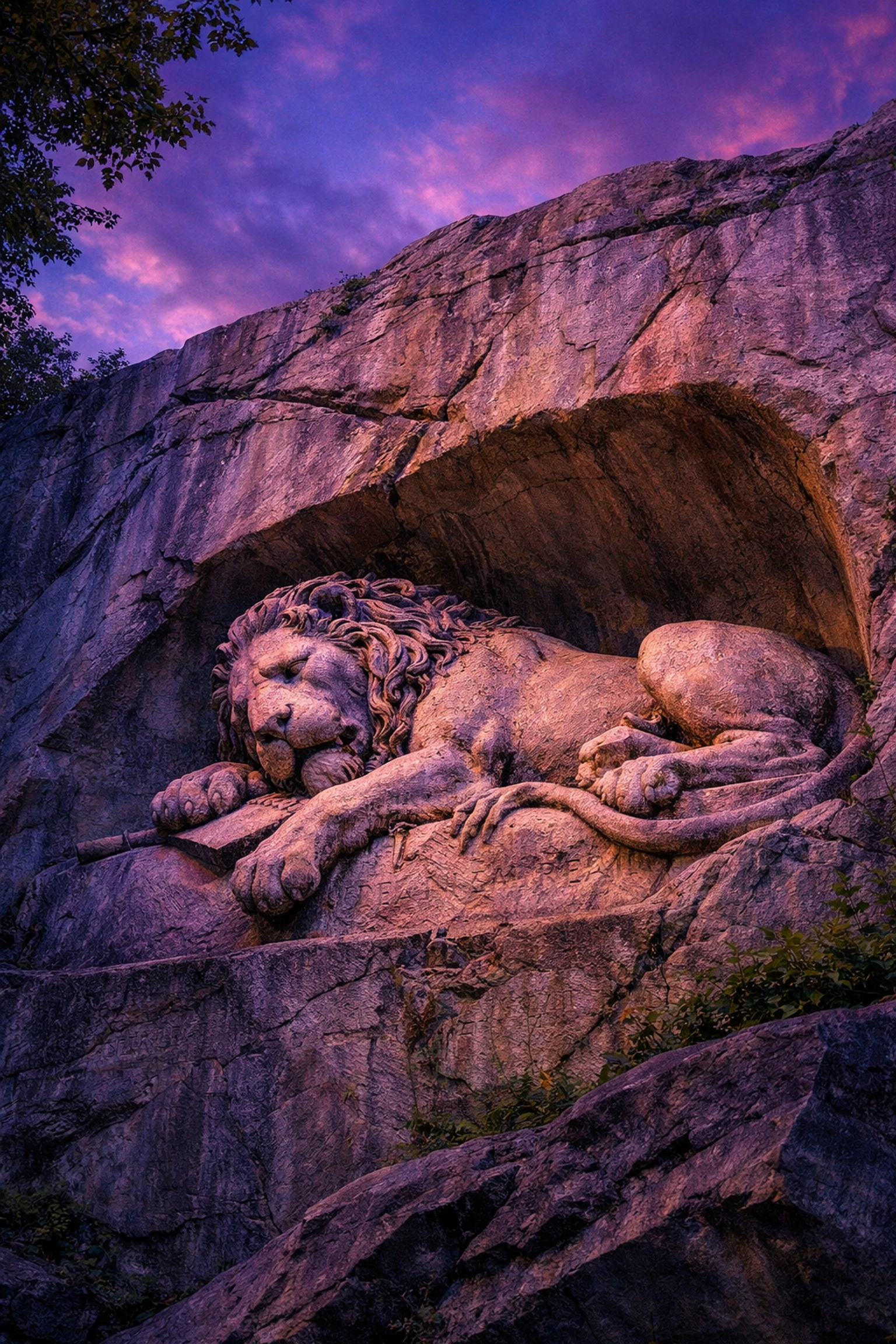 Lion of Lucerne monument at dusk symbolizing sacrifice and duty in gay historical romance setting