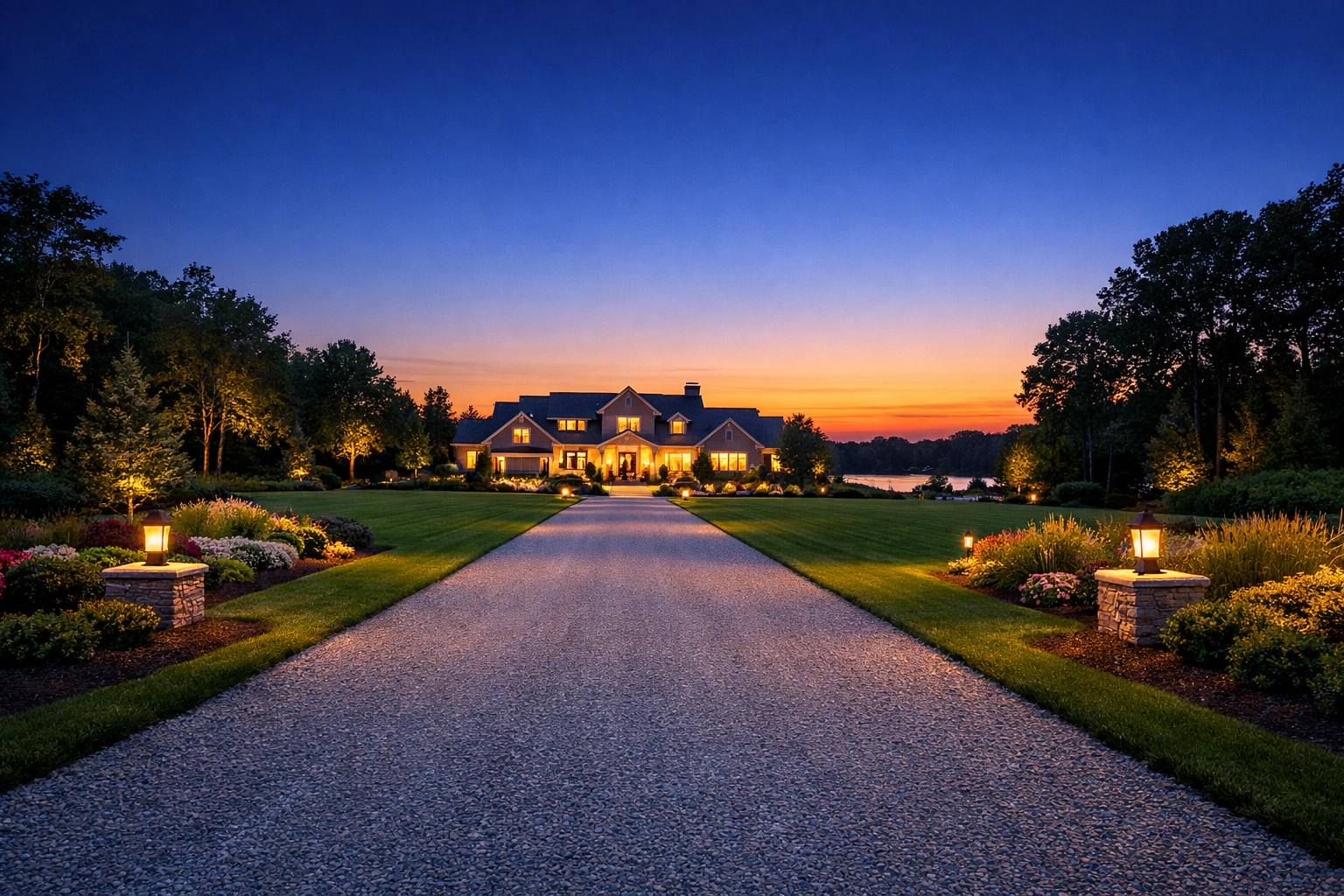 Pristine, expertly graded gravel driveway leading to a luxury Michigan home at sunset.