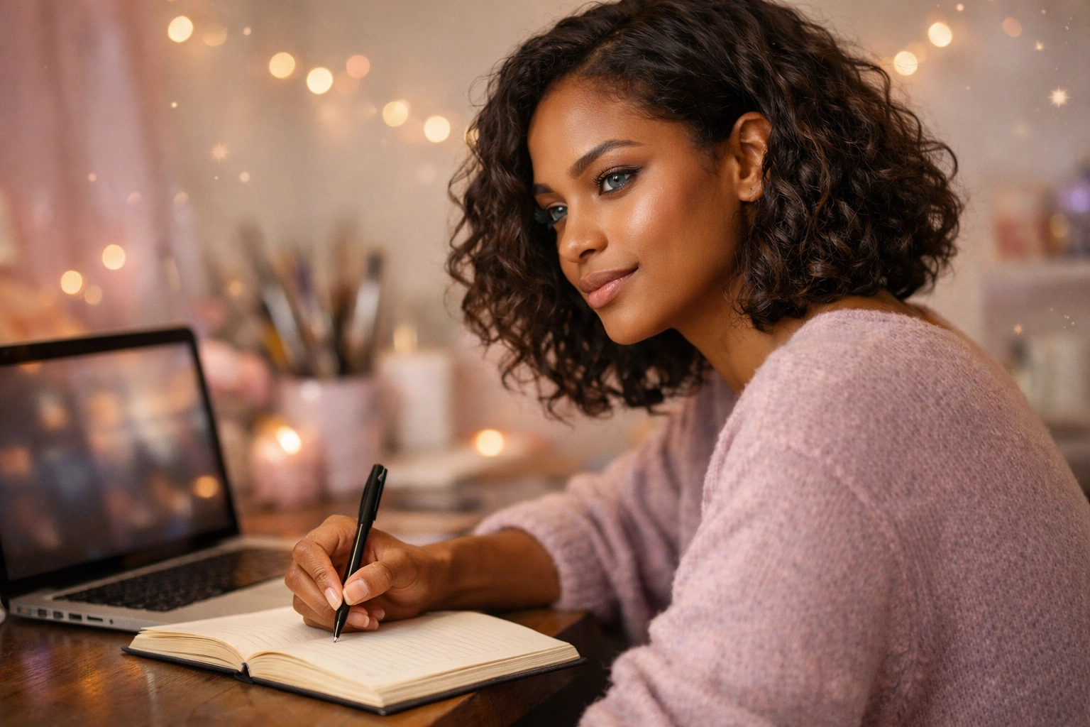 Maria D journaling beside her laptop in a warm, cozy creative workspace.