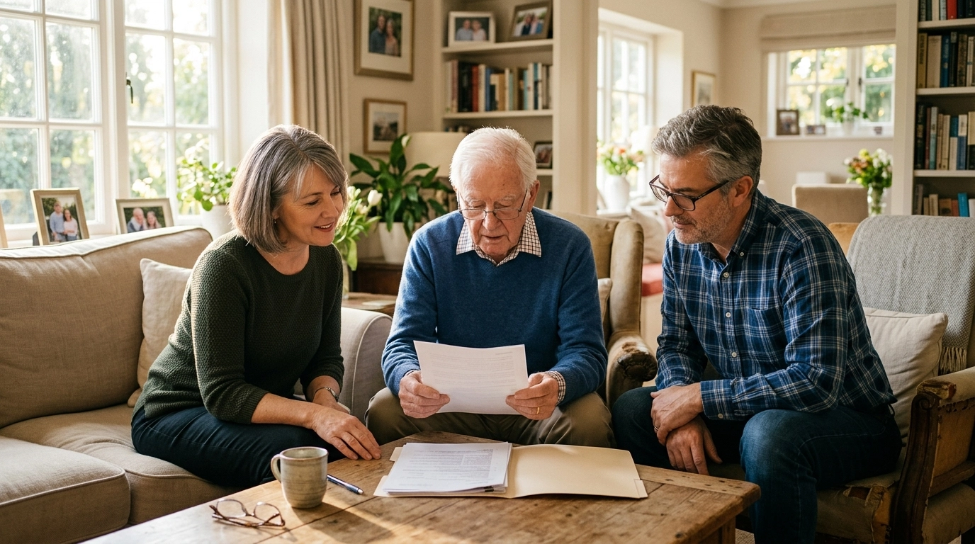 Family reviewing documents in a sunlit living room