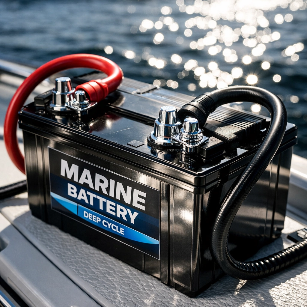 Marine battery with clean terminals and cables for boat spring maintenance