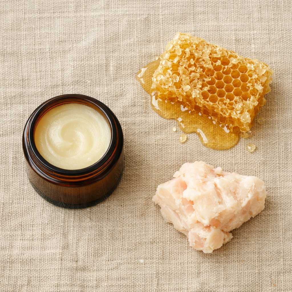 Minimalist flat lay featuring a jar of tallow balm next to raw honeycomb and beef suet ingredients.