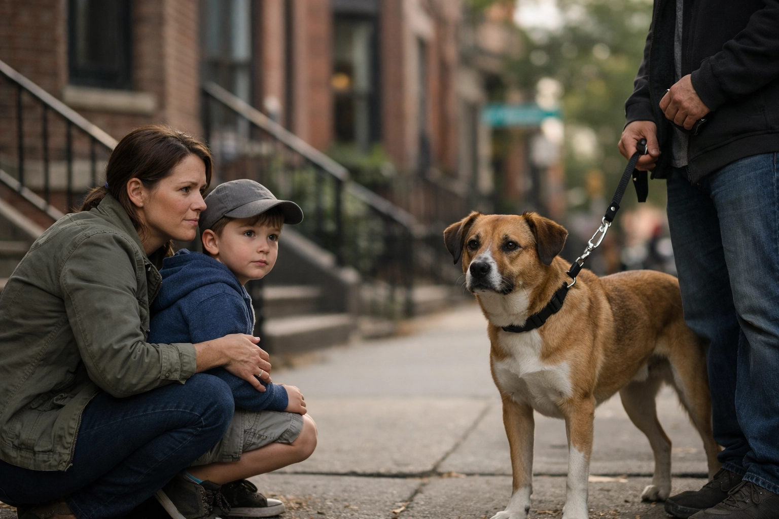 A parent and child near a dog in Boston, highlighting the risk of dog attacks on children in Massachusetts.